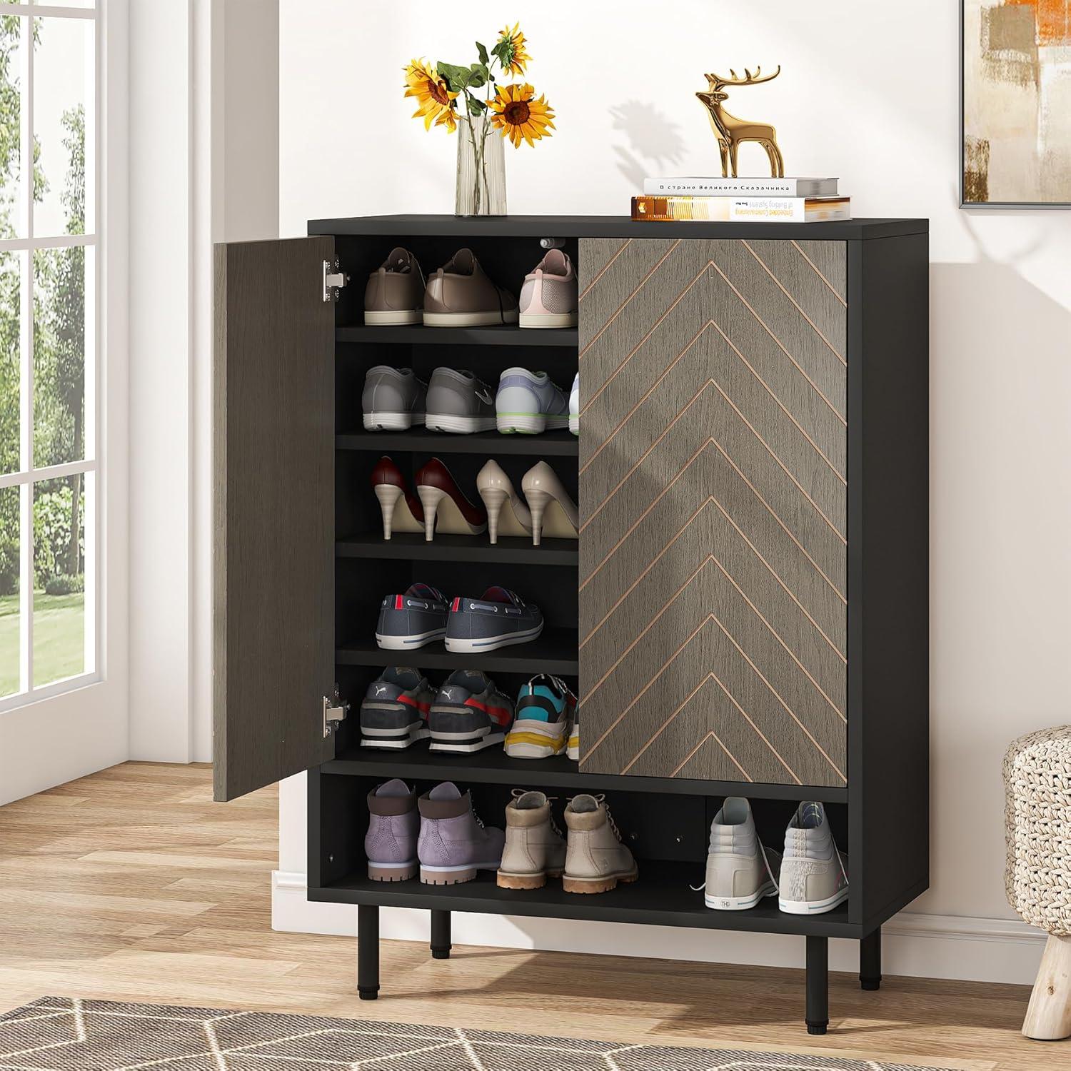 Gray and Black 6-Tier Wood Shoe Cabinet with Herringbone Design