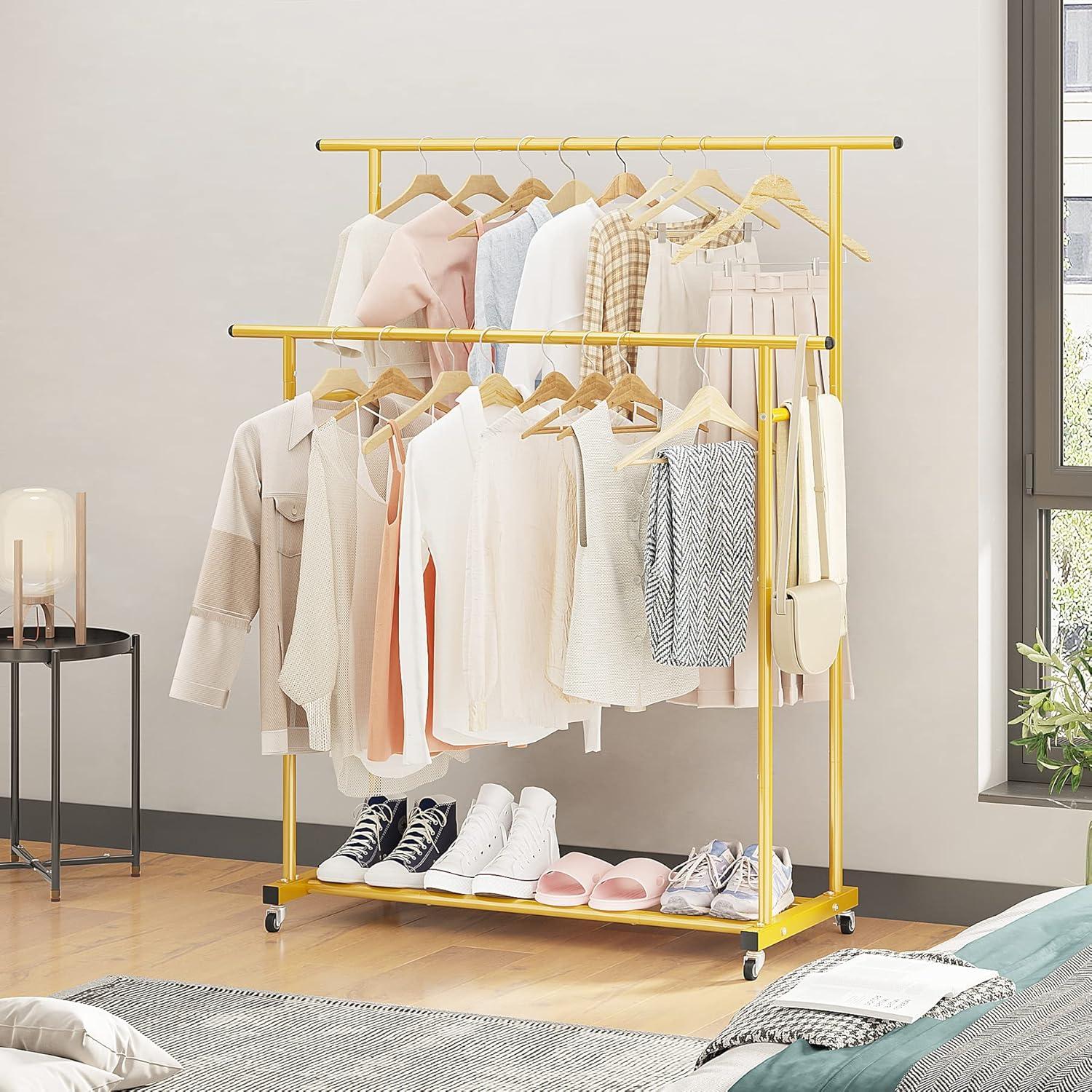 Calmootey Double Rod Clothing Garment Rack,Rolling Hanging Clothes Rack,Portable Clothes Organizer for Bedroom,Living Room,Clothing Store,Gold