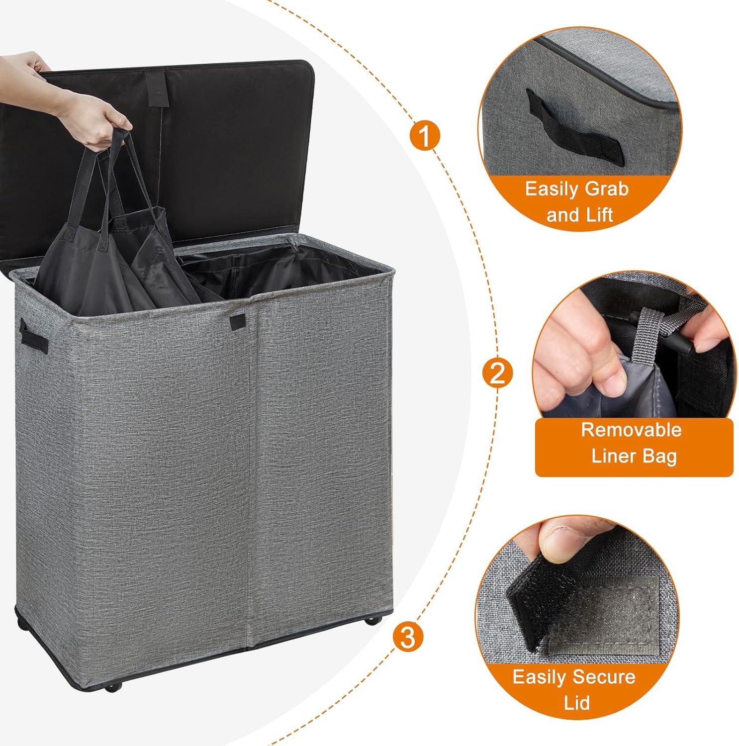 Gray Double Compartment Upright Hamper with Wheels and Lid