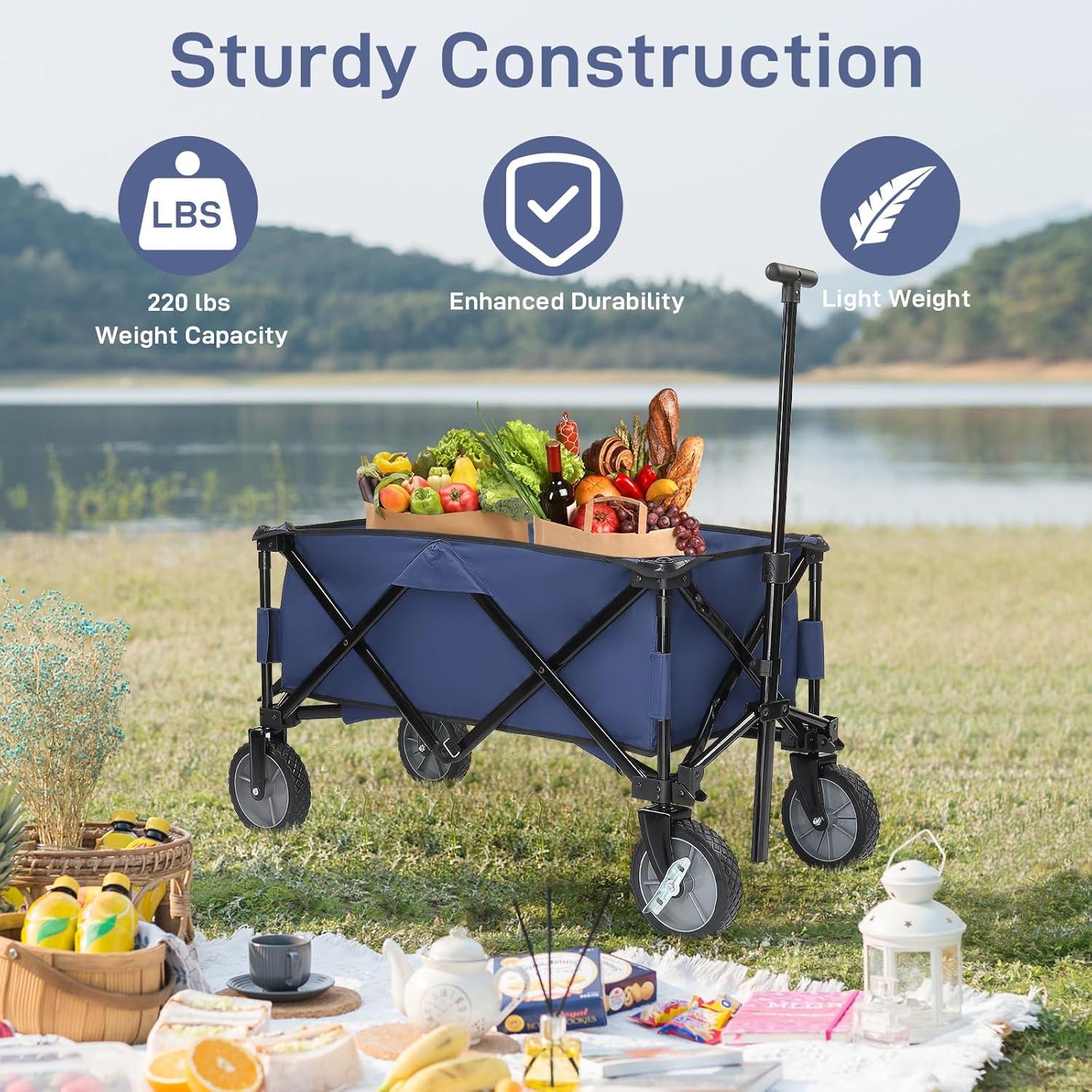 Collapsible Wagon, Beach with Big Wheels for Sand, Grocery Wagon All-Terrain Wheels Garden Grocery for Shopping, Park Picnic, Camping, Beach Trip