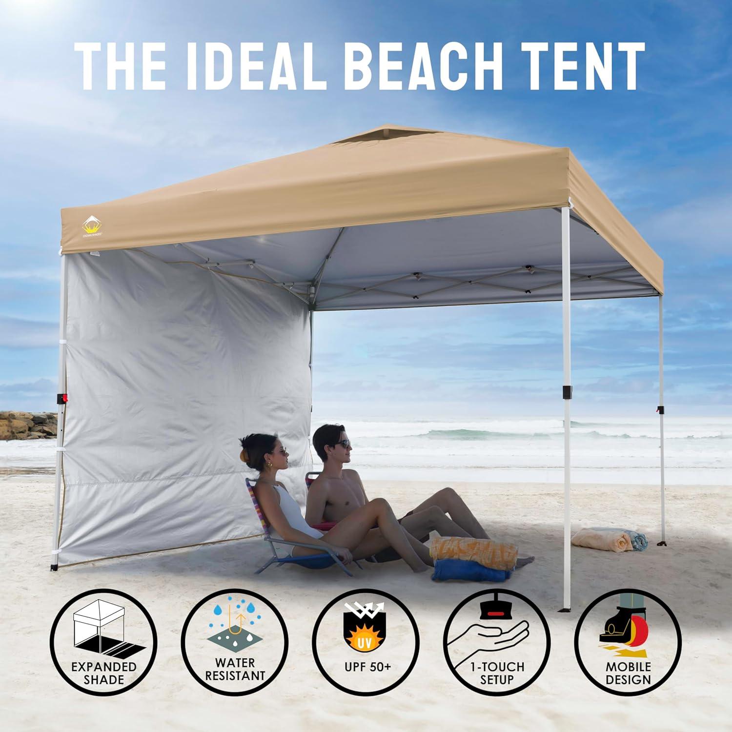 CROWN SHADES 8x8 Pop Up Canopy with 1 Side Wall - Beach Tent with One Push Setup - Outdoor Sun Shade for Events, Parties