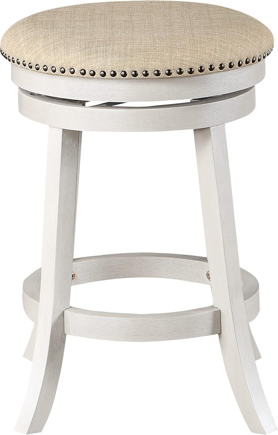 Beige Fabric Round Swivel Stool with White-Wash Wood Finish, 2-Pack