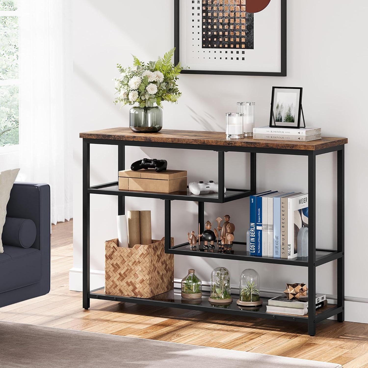 Console Table, 4-Tier Sofa Tables Narrow Entryway Table with Glass Shelf and Metal Frame, 39.4" Behind Couch Table Industrial Hallway Table for Living Room, Foyer, Bedroom