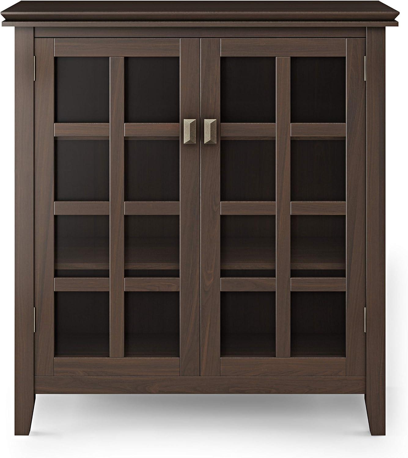 Simpli Home Artisan 38"W Solid Wood 4-Shelf Medium Storage Cabinet with Glass Doors and Adjustable Shelves