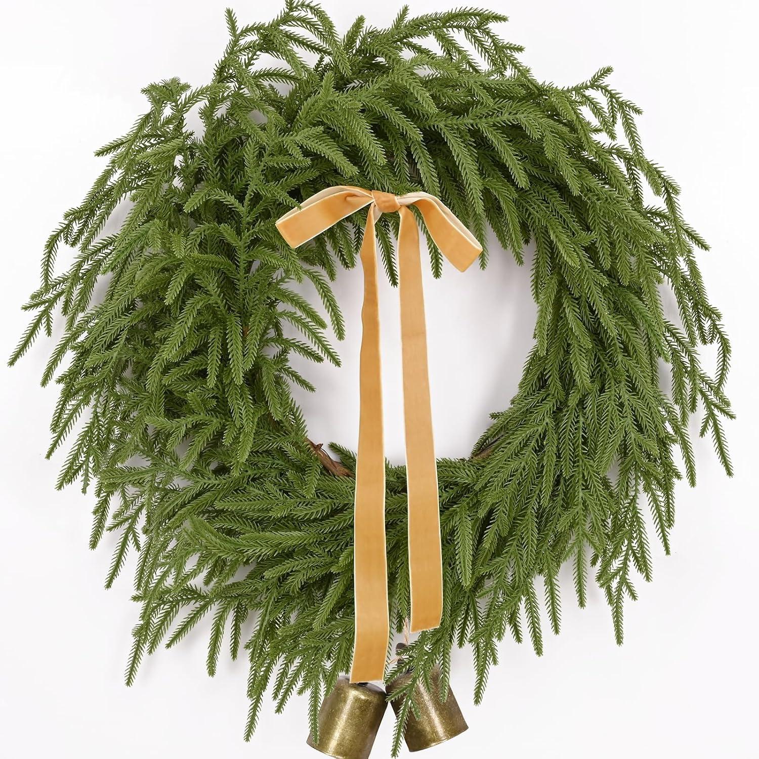 24-Inch Artificial Pine Christmas Wreath with Lights and Ribbon