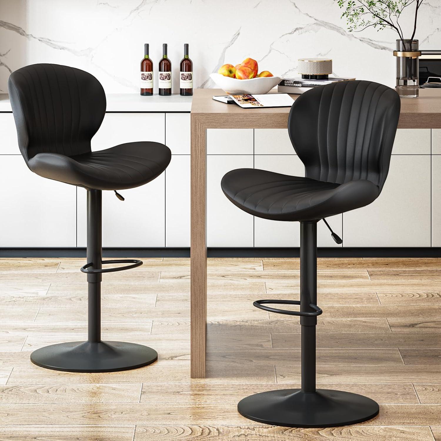 Black Faux Leather Adjustable Swivel Bar Stools Set of 2