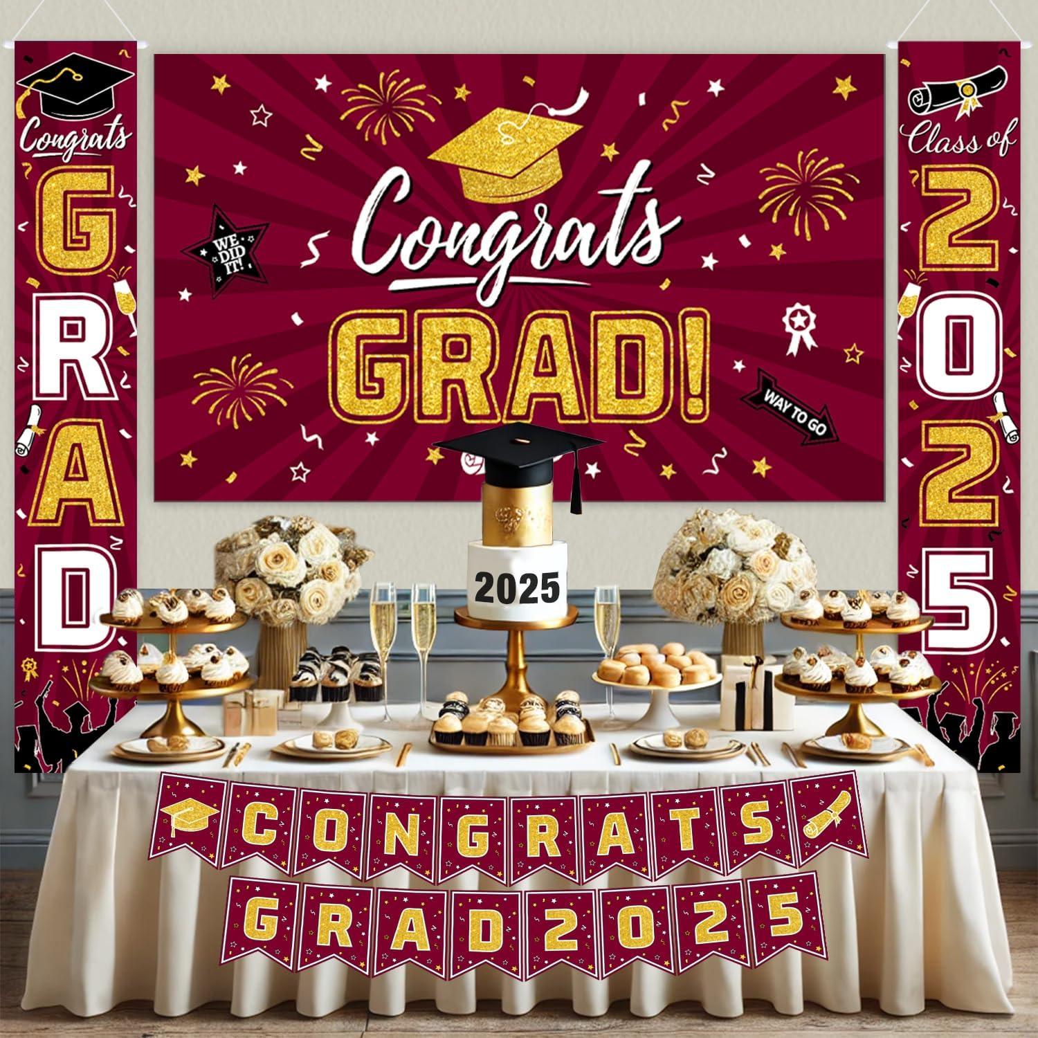 2025 Graduation Party Decoration, Red Gold Themed Set with Congrats Grad Banner, Balloons, Foil Number 2025 for Class of 2025 Graduation Party Supplies