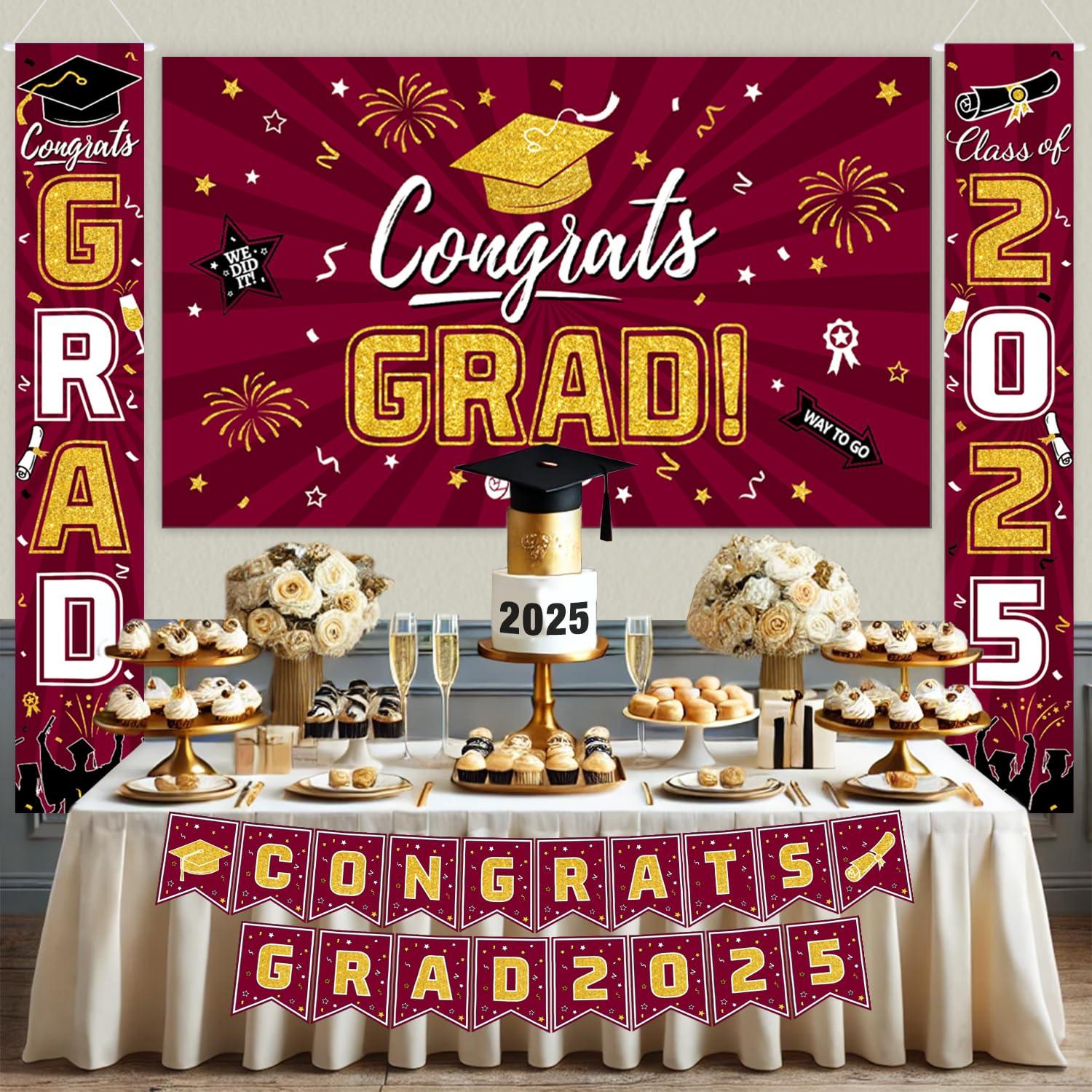 Graduation Party Decorations Class of 2025 Graduation Party Supplies Congrats Grad Banner Class of 2025 Backdrop, Paper Pompoms, Balloons for Congrats Grad Party Decorations (Burgundy-Gold)