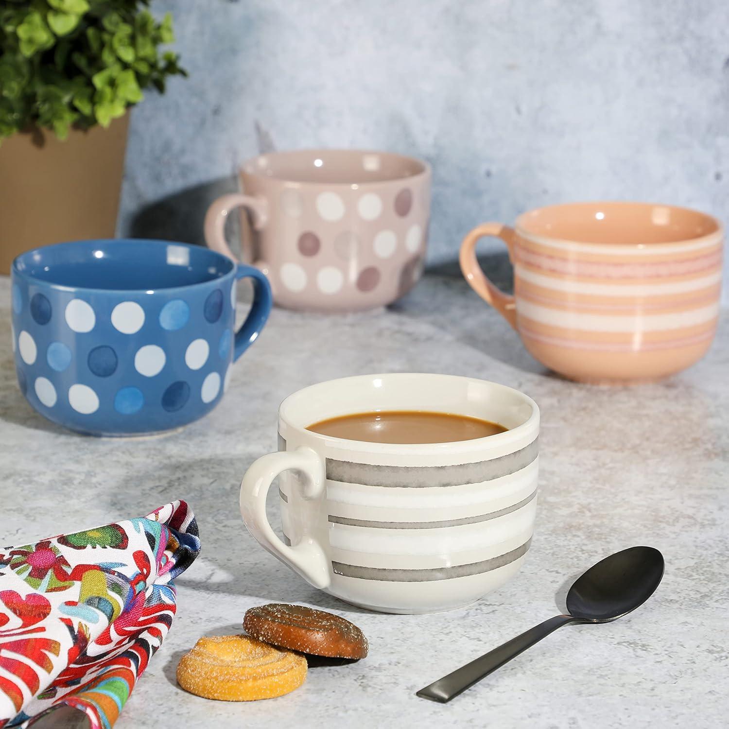 Mr. Coffee Mr. Coffee Cappuccino Bliss 4 Pack 23 OZ Latte Assorted Decorated Design Stoneware Mugs