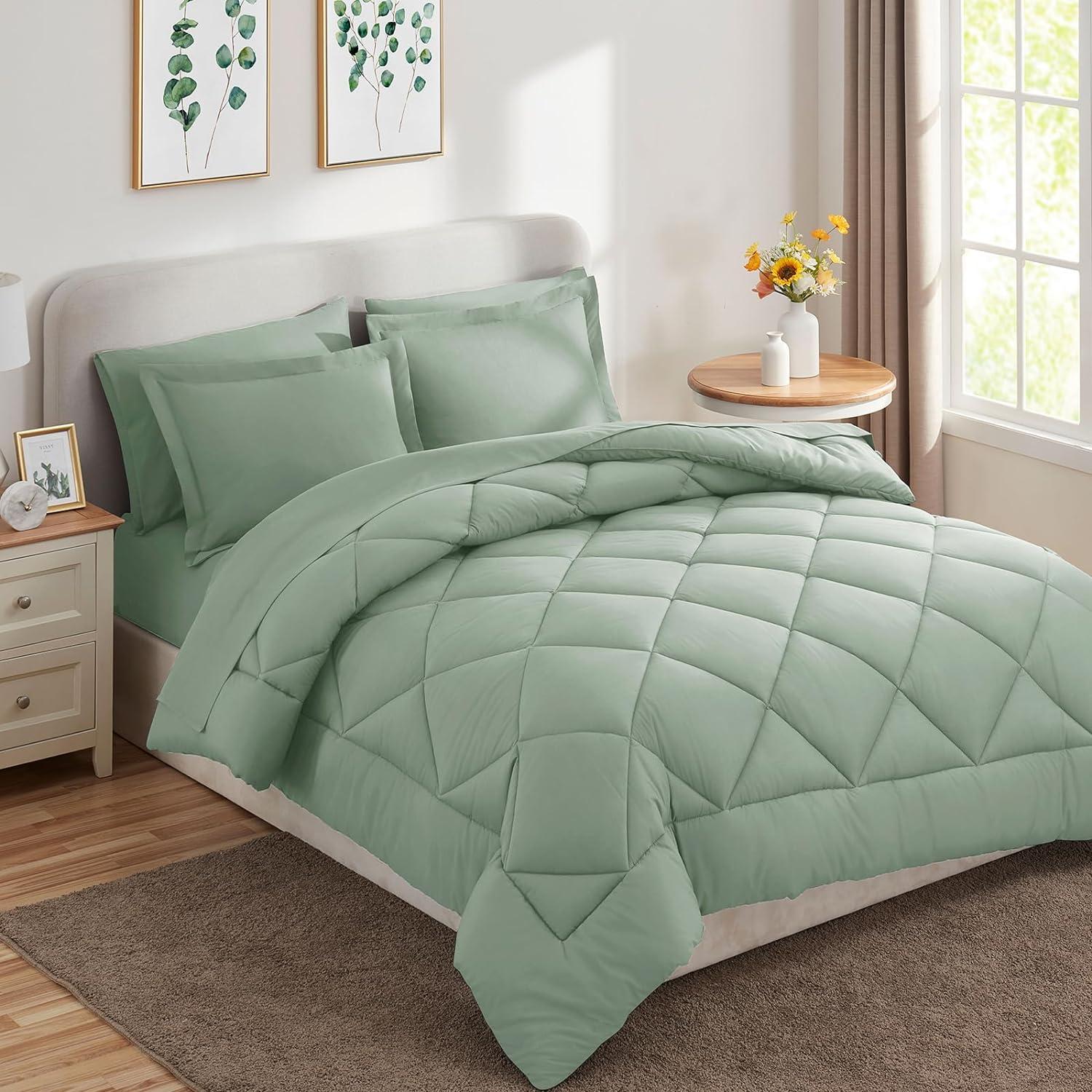 Cozy Comfort Sage Green Full Size Comforter Set - 7 Pieces Solid Full Bed in a Bag, Full Bed Set Sage Green with Quilted Warm Fluffy Comforters, Sheets, Pillowcases & Shams