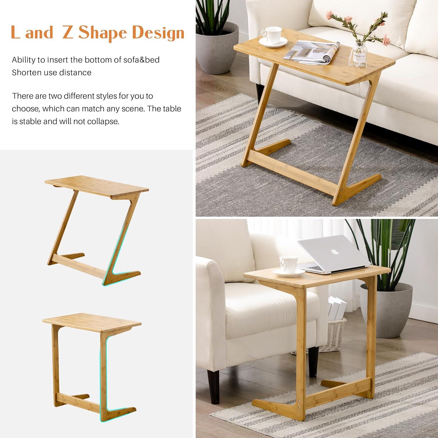 Natural Bamboo C-Shaped TV Tray Table for Sofa and Bed