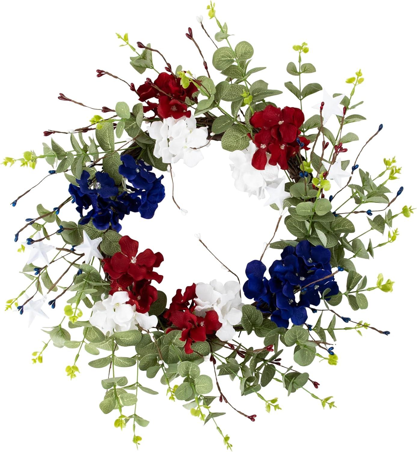 Northlight Seasonal Red white and Blue Hydrangea and Eucalyptus Patriotic Artificial Wreath