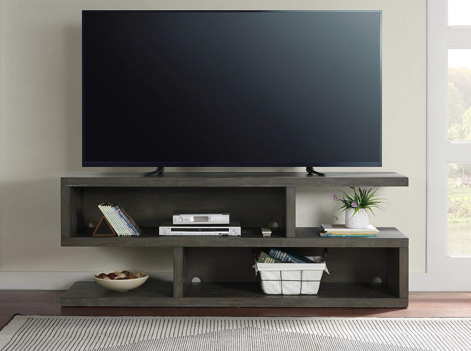 TV Stand with Cantilever Open Shelving and S Shape, Brown- Saltoro Sherpi
