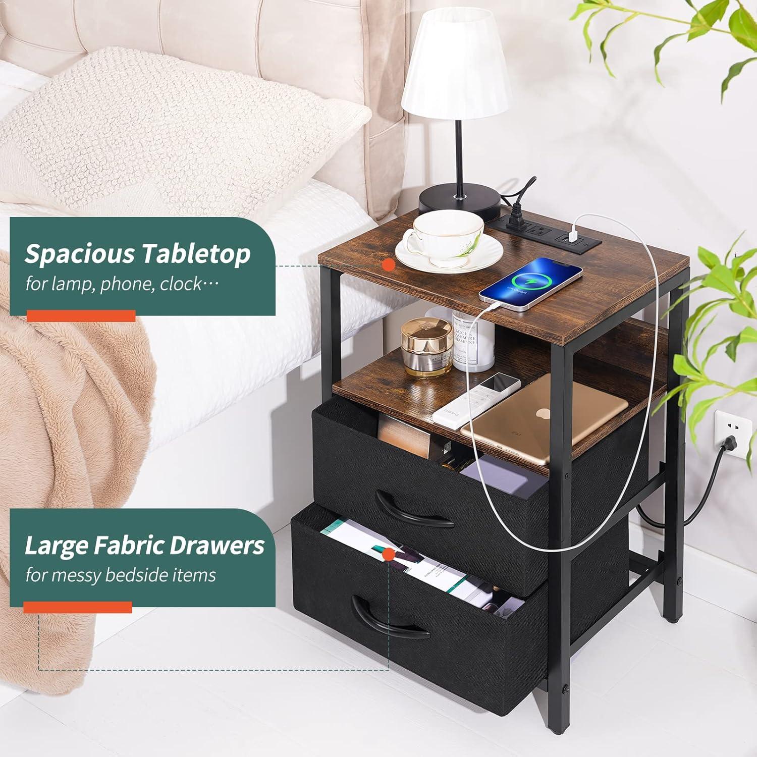 Nightstand with Charging Station, Side Table with Fabric Drawers, End Table with Open Shelf, Bedside Table with USB Ports and Outlets, Night Stand for Bedroom, Rustic Brown and Black