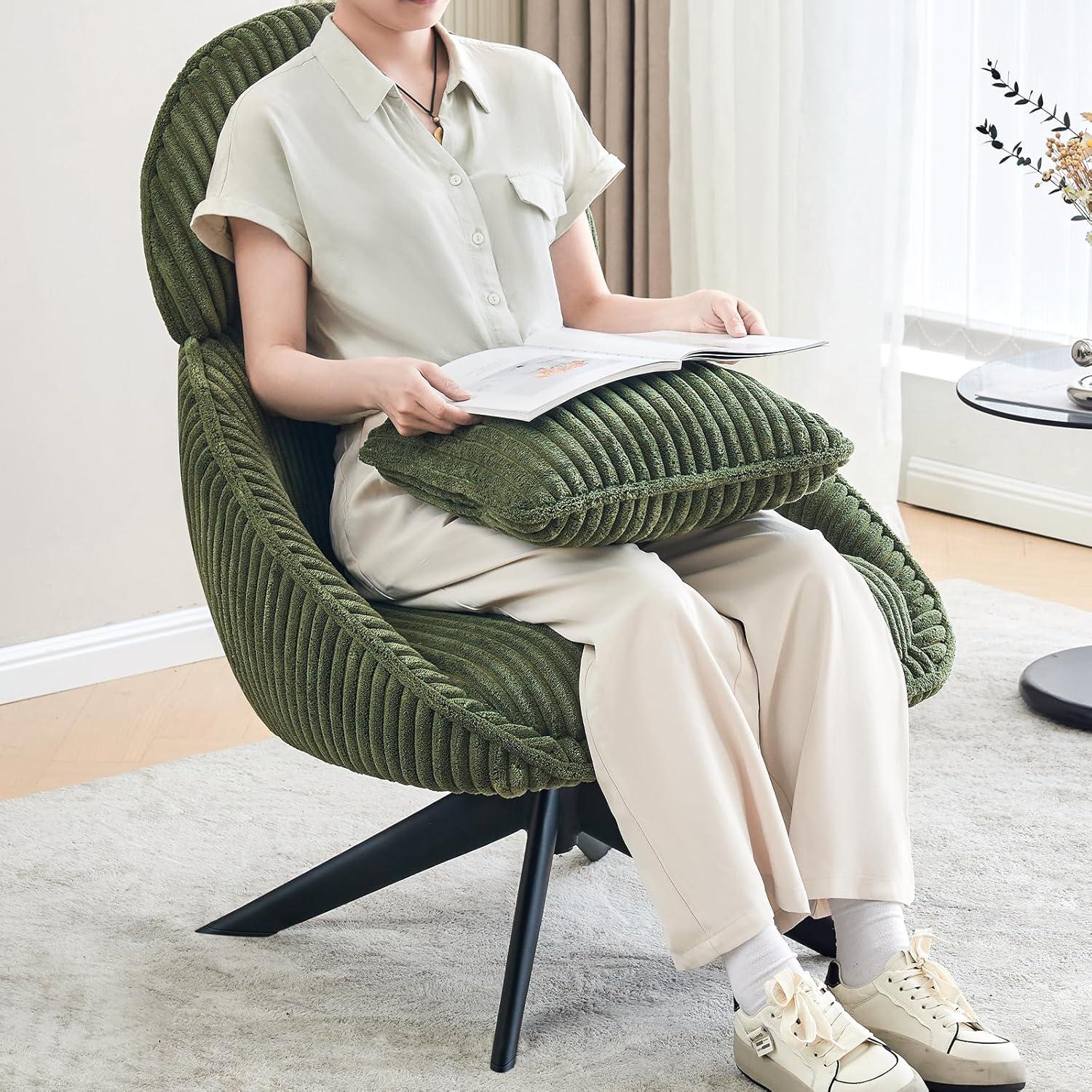 Furniliving Swivel Accent Chair with Pillow Corduroy Comfy Lounge Chair Lazy Chair for Living Room/Bedroom, Green