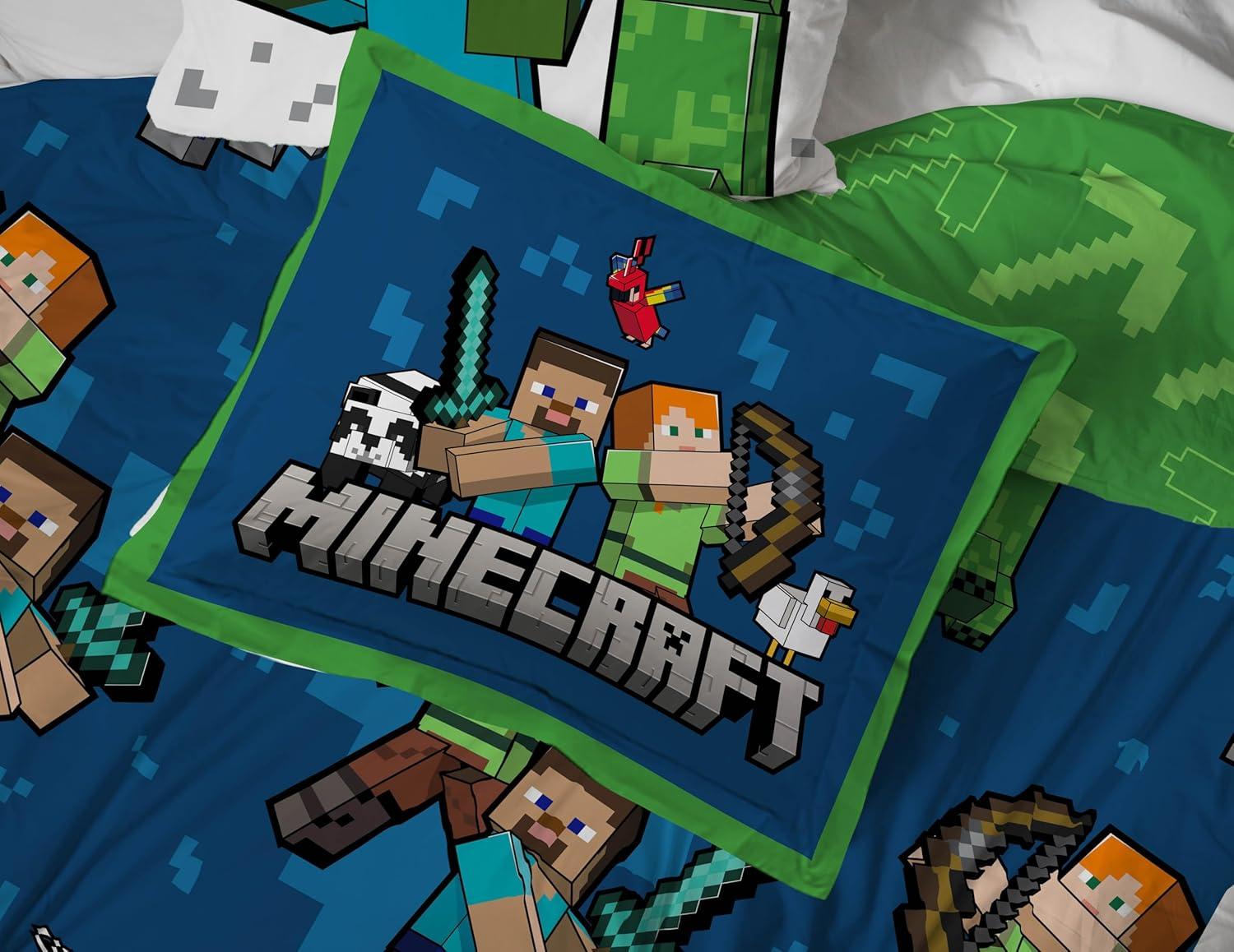 Minecraft Battle Time Blue & Green 5 Piece Twin Bed Set w/ Sham, 100% Microfiber