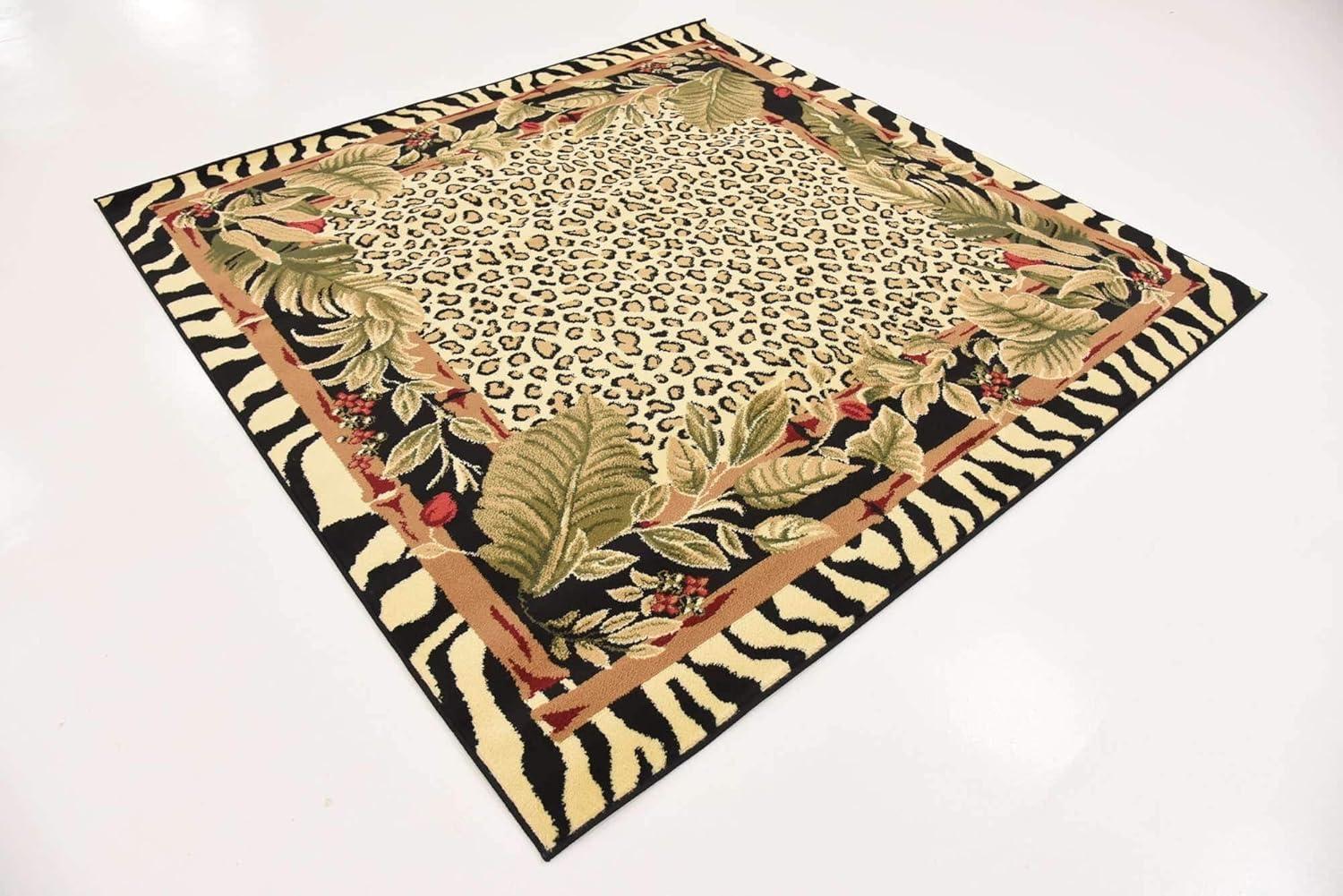 Unique Loom Wildlife Collection Area Rug - Jungle (6' 1" Square Cream/Black)