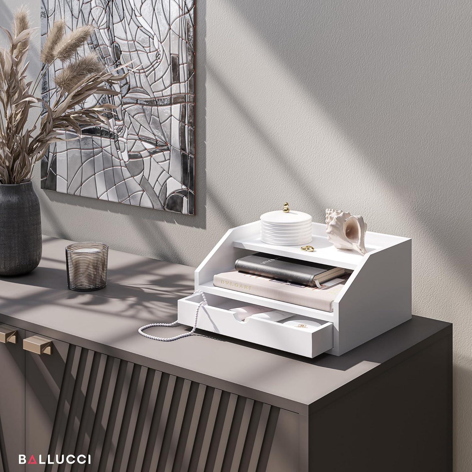 Ballucci Desk Organizer with Drawer, 2 Tier Paper Office Supplies Desk Organizer, 13 2/5" x 9 3/5" x 6", White