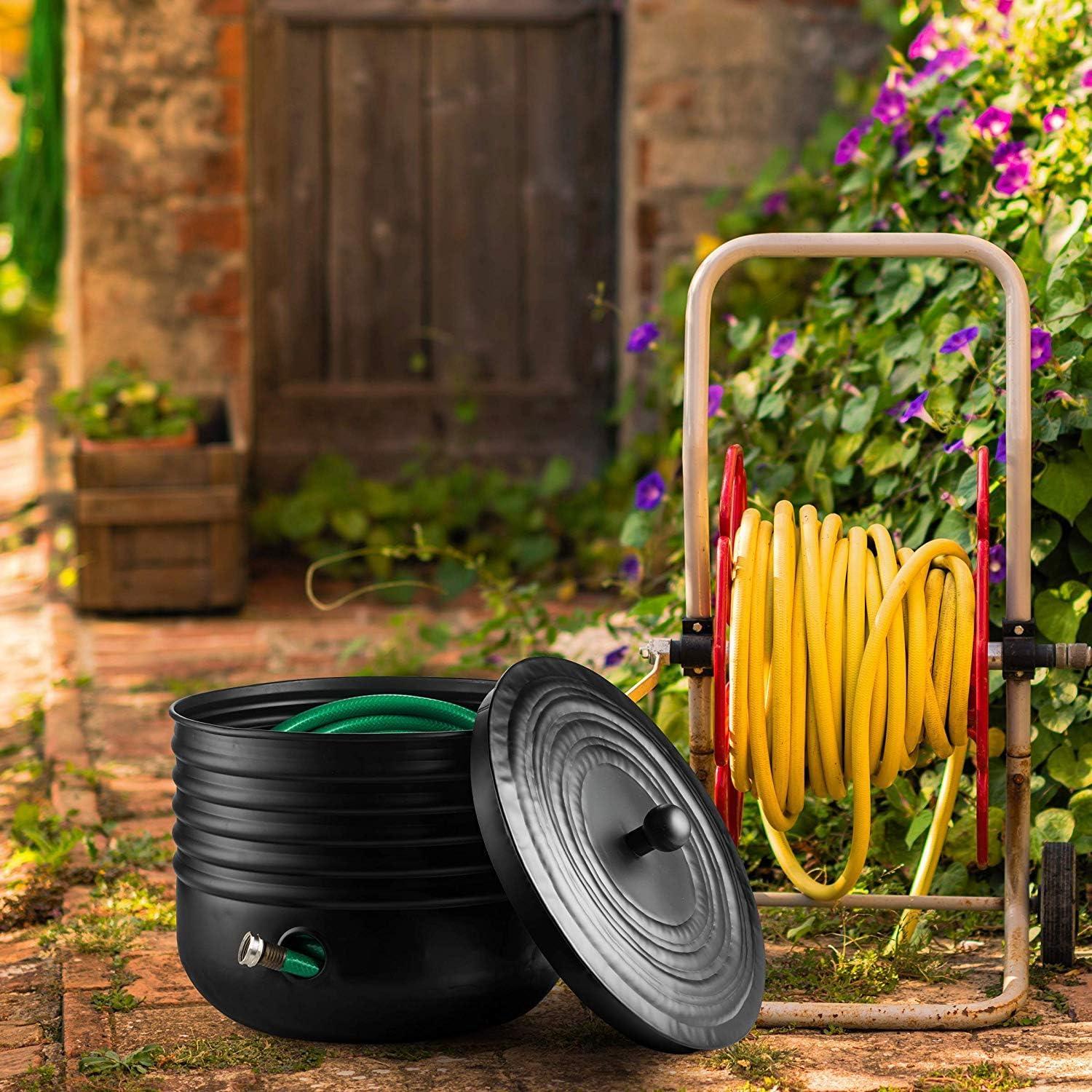 Black Ribbed Steel Garden Hose Pot Holder with Lid