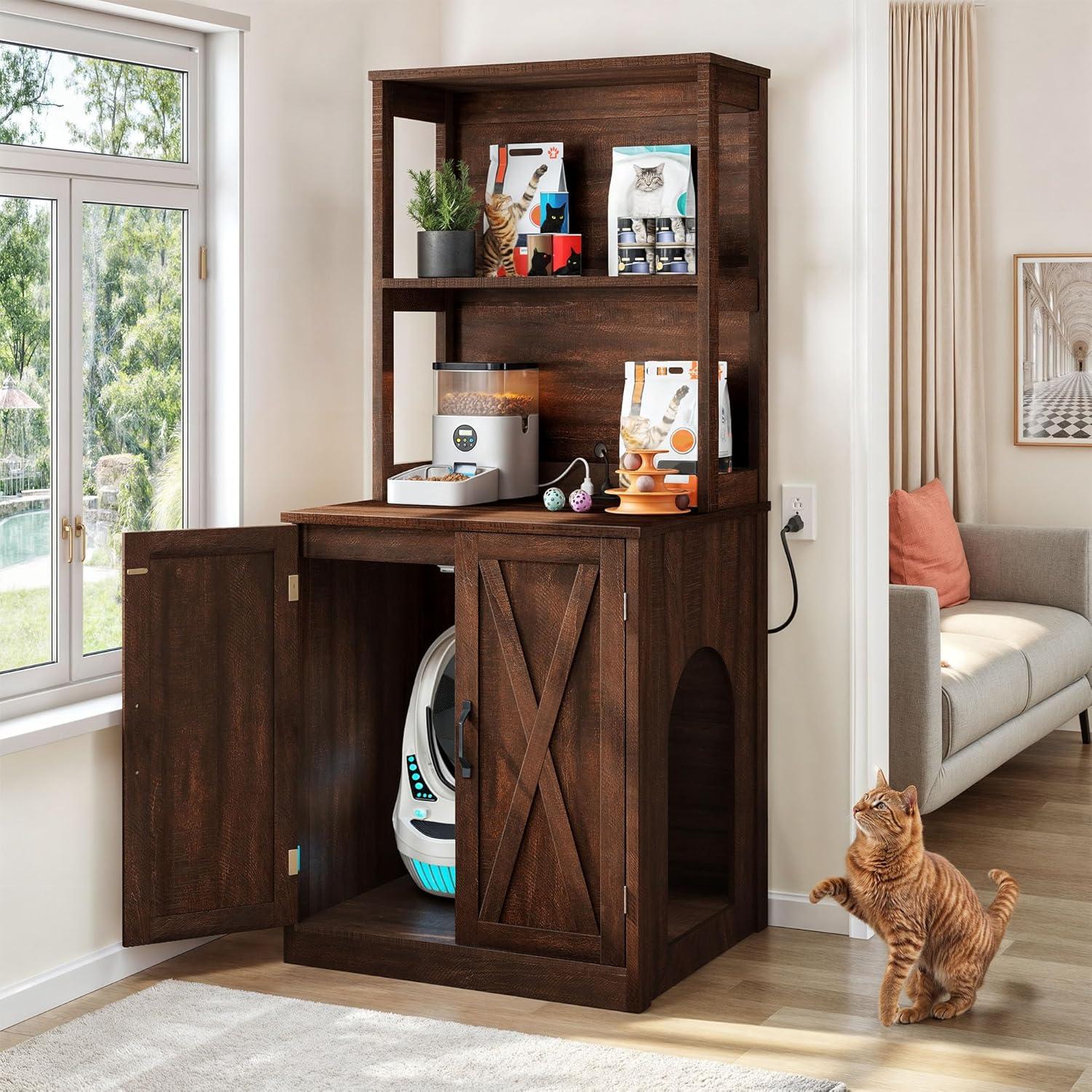 DWVO Large Hidden Cat Litter Box Enclosure Furniture with 2 Shelf Cat Washroom Storage with Charging Station，Wooden Cat Cabinet for Litter Box - Gray