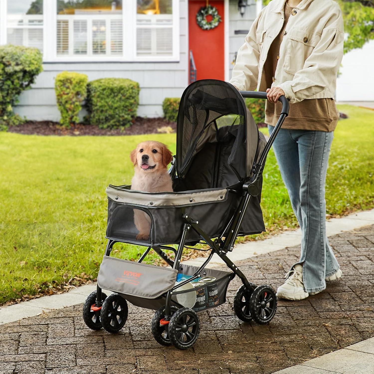 VEVOR Foldable Black and Gray Pet Stroller with Reversible Handle