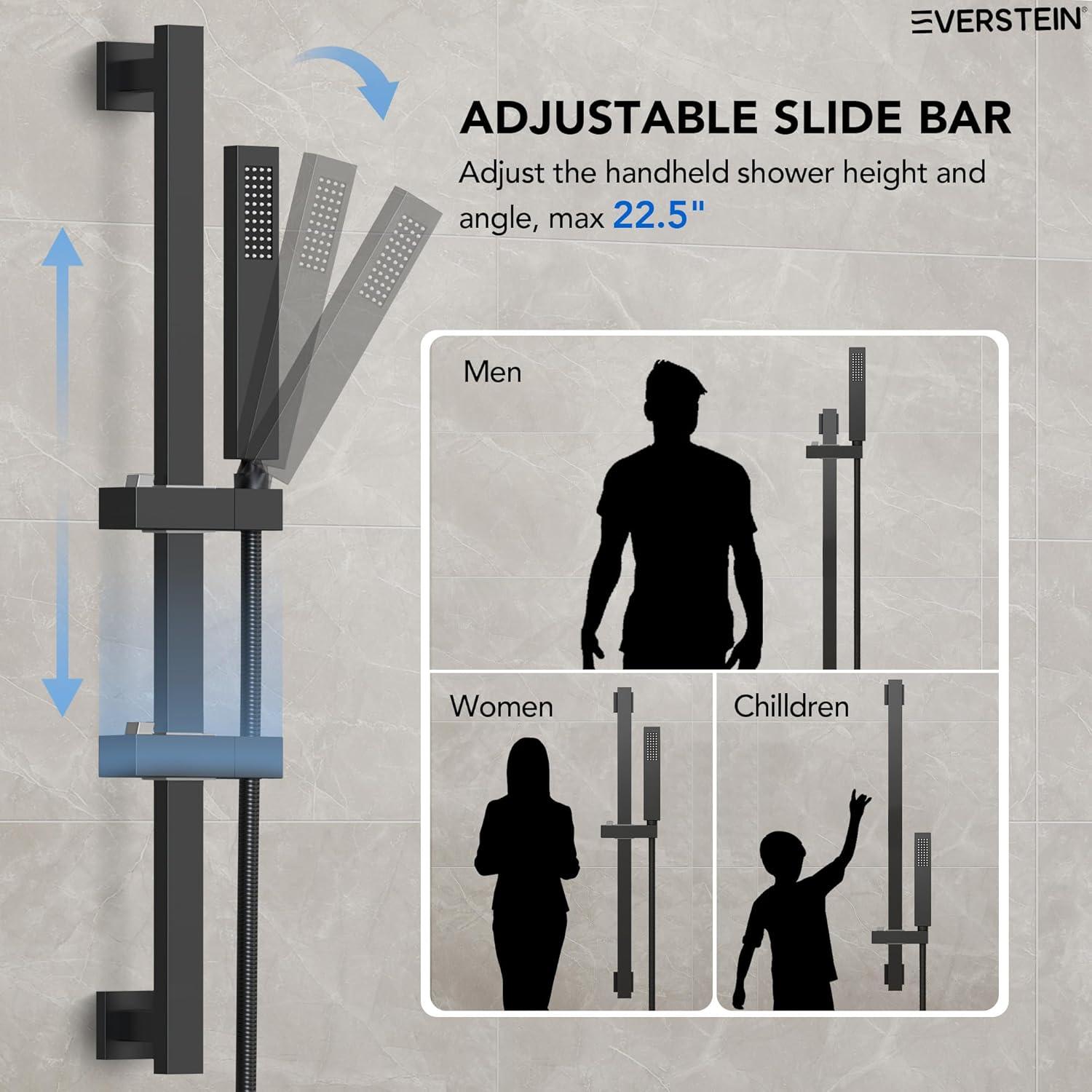 EVERSTEIN DualJetSpa 10-Inch High-Pressure Rainfall Shower Faucet with Handheld Spray, Wall Mount Dual Showerheads System with Slide Bar and Rough-in Valve SFS-1059-BK10