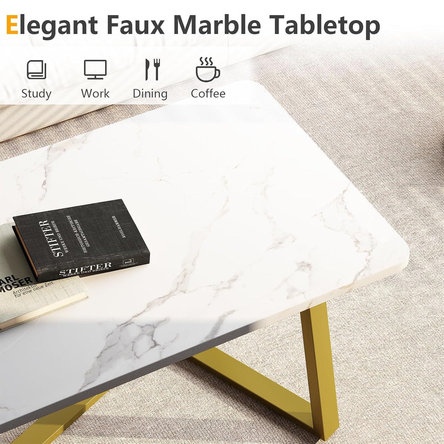 White Faux Marble Rectangular Tea Table with Sturdy Metal Frame, Simple Modern Industrial Wooden Coffee Table for Living Room