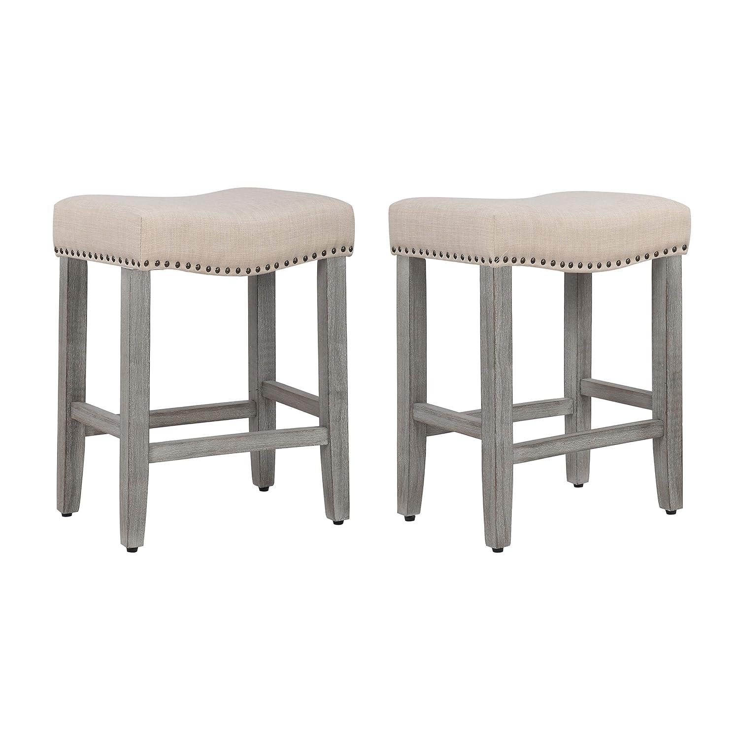 Polytrends Jameson Upholstered Polyester Gray 24 Inch Counter Stool (Set Of 2) Antique Gray/Beige Metal Foam Upholstered Foam Cabin & Lodge