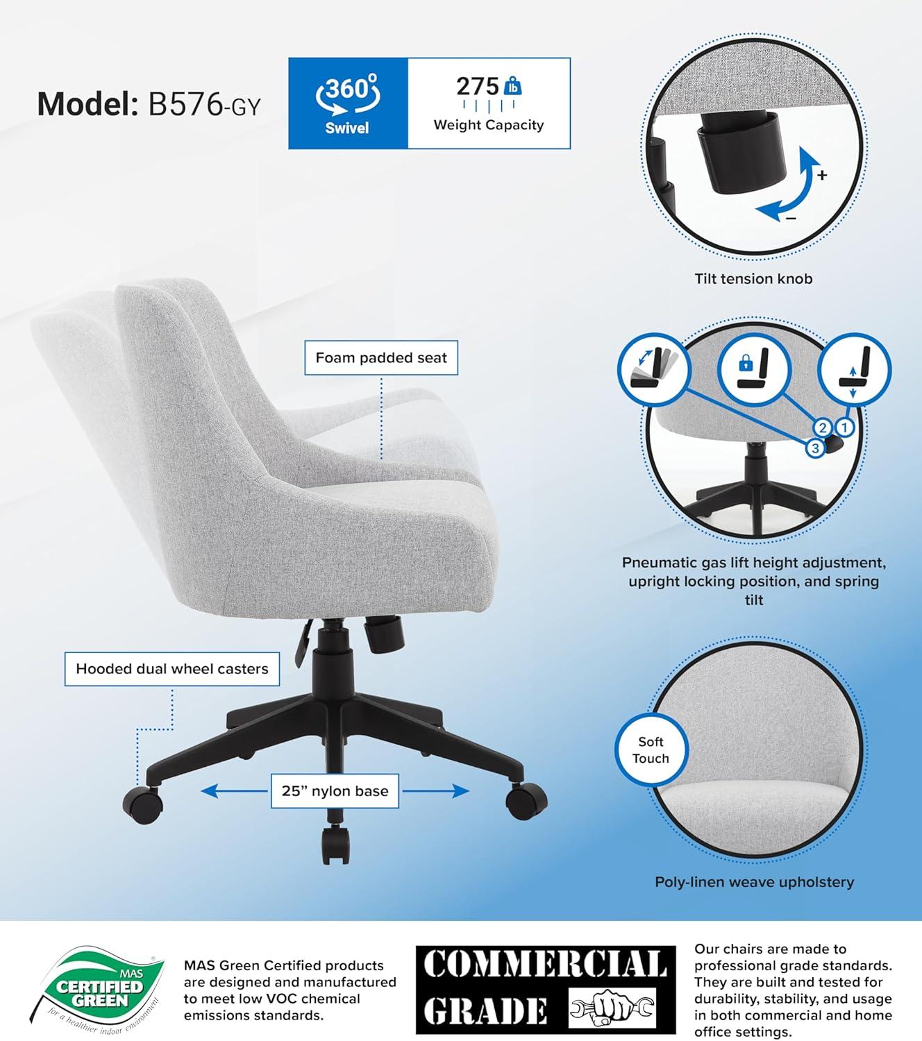 Boyle Desk Chair Gray: Boss Office Products, Molded Back, Pneumatic Lift, Nylon Base