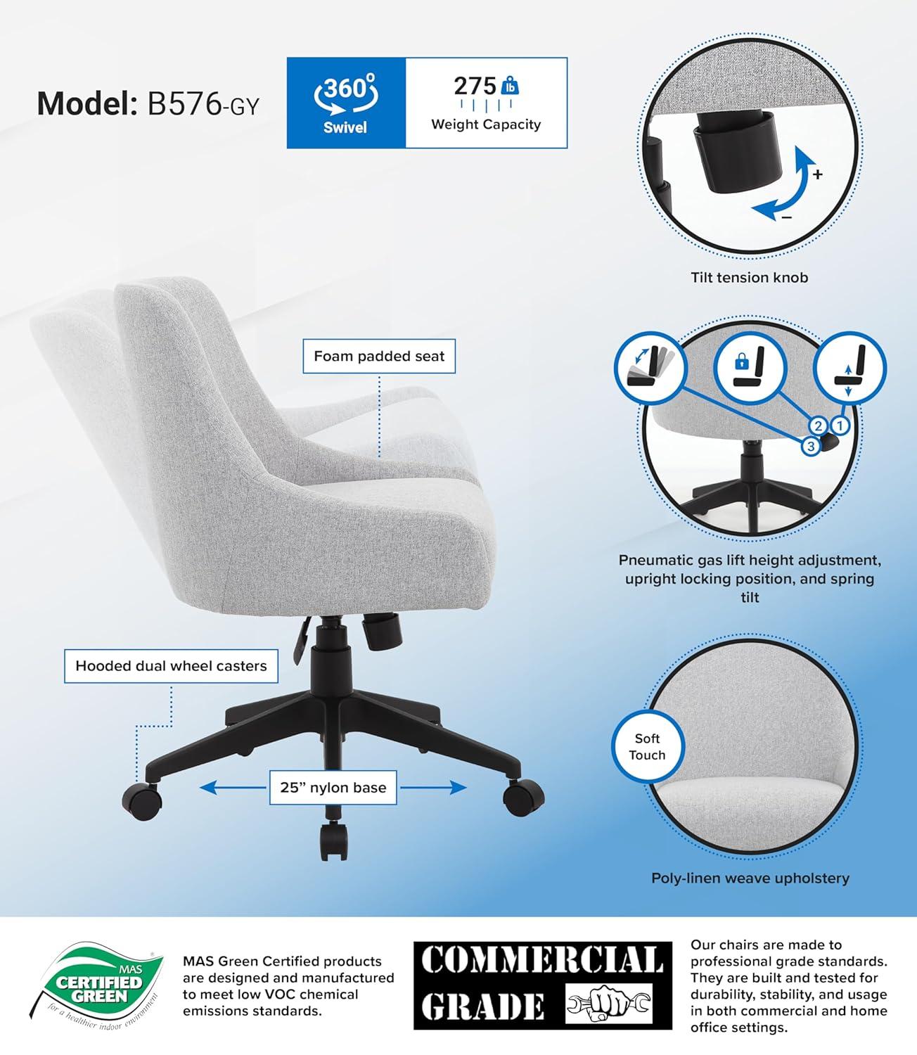Boyle Desk Chair Gray: Boss Office Products, Molded Back, Pneumatic Lift, Nylon Base