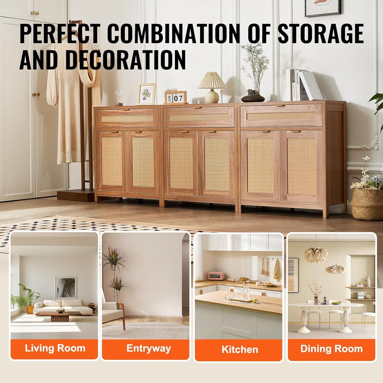 VEVOR Cabinet with 6 Doors 3 Drawers Adjustable Shelves Set of 3 Natural