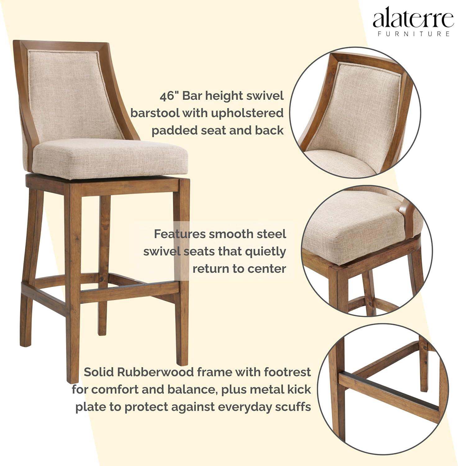 Alaterre Ellie Bar Height Stool, Back, Swivel Seat, Brown, Upholstered Padded Seat, Rubberwood Frame, Steel Memory Return Mechanism, Dimensions 19 in. W x 22 in. D x 46 in. H, Footrest, Metal Kick Plate