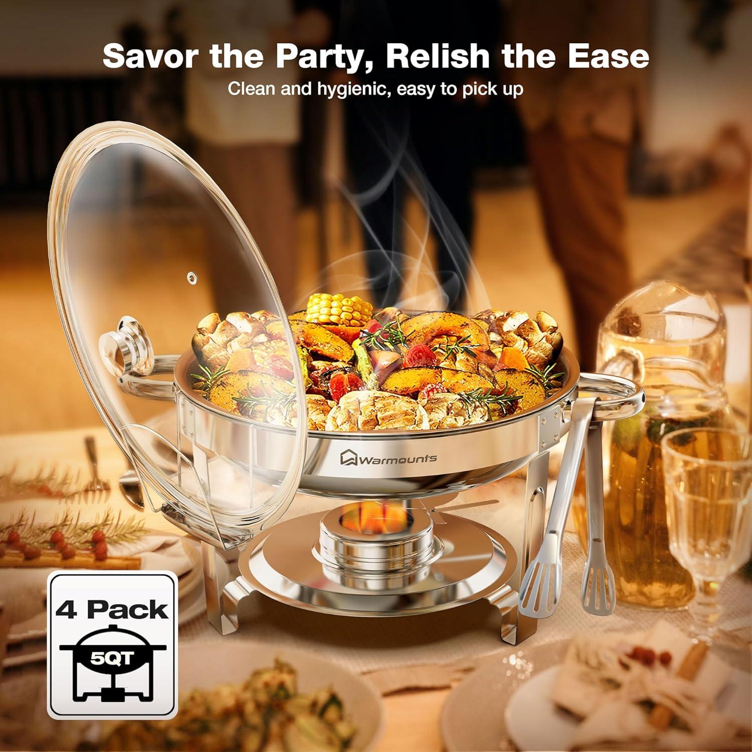 Warmounts 5QT  4-Pack Round Chafing Dish Buffet Set Food Warmer with Glass Lids & Holders