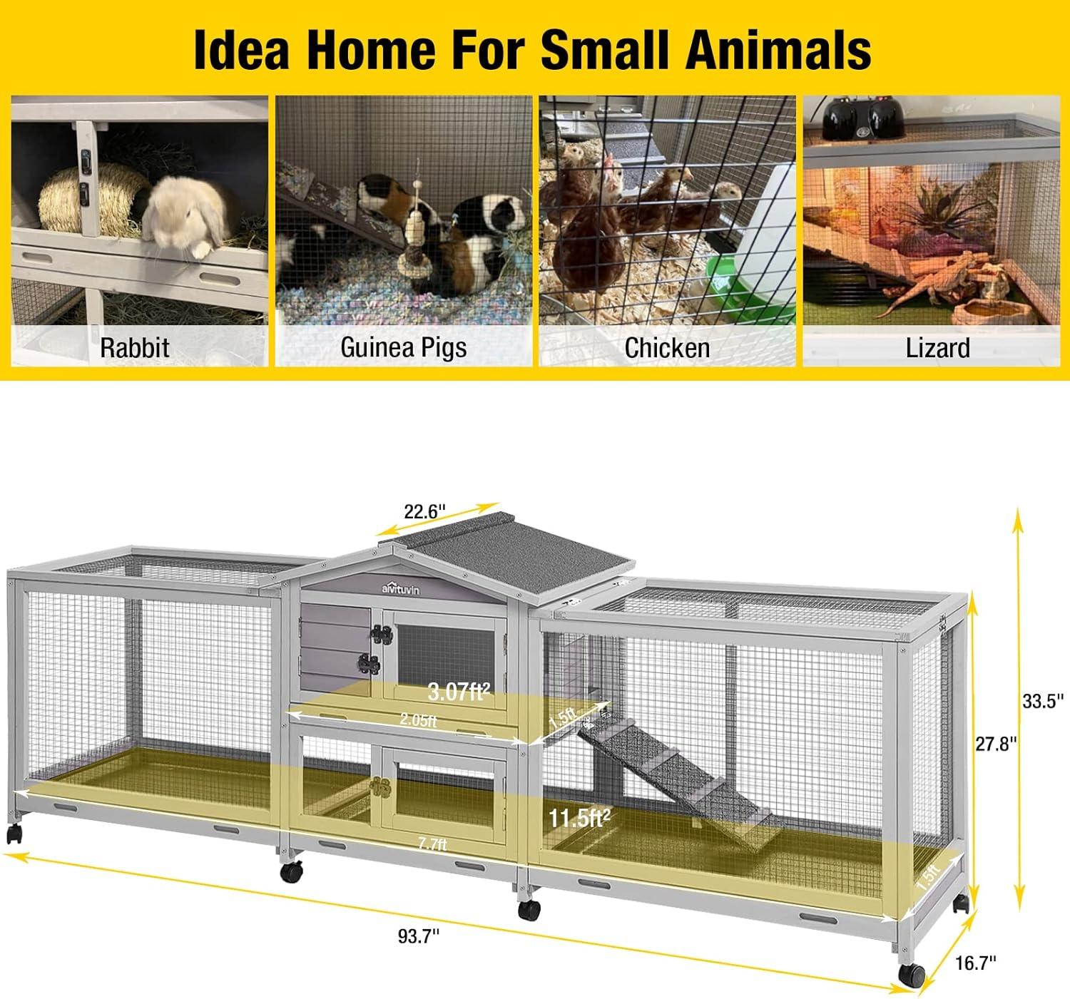 Gray Fir Wood Large Indoor Outdoor Rabbit Hutch with Wheels