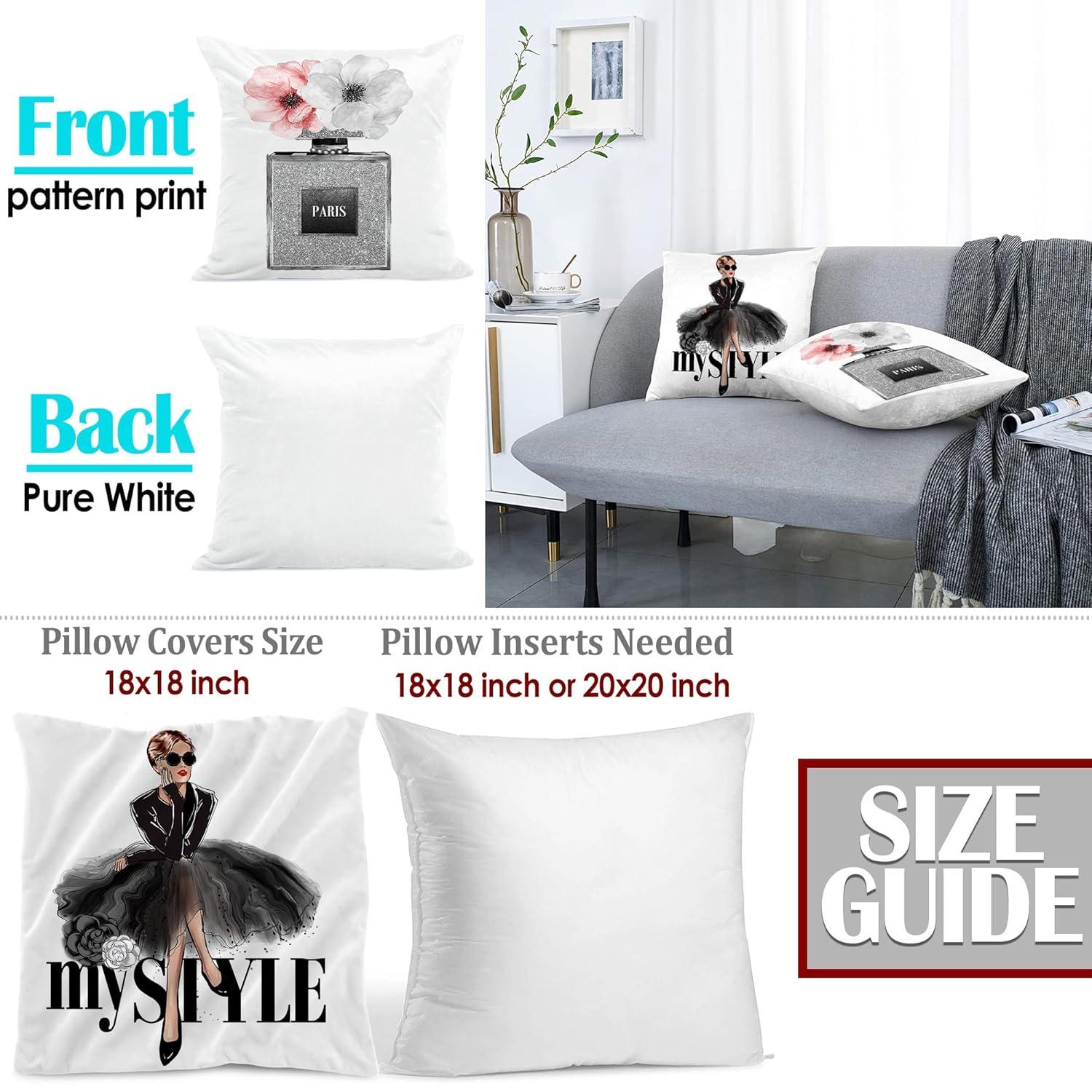 Set of 4 18x18 Pink Throw Pillow Covers Couch Bed Decorative Pillow Covers Fashion Girls Silver Perfume Flowers Cute Accent Pillow Covers Bedroom Black White Velvet Pillowcases (Pink and Gray)