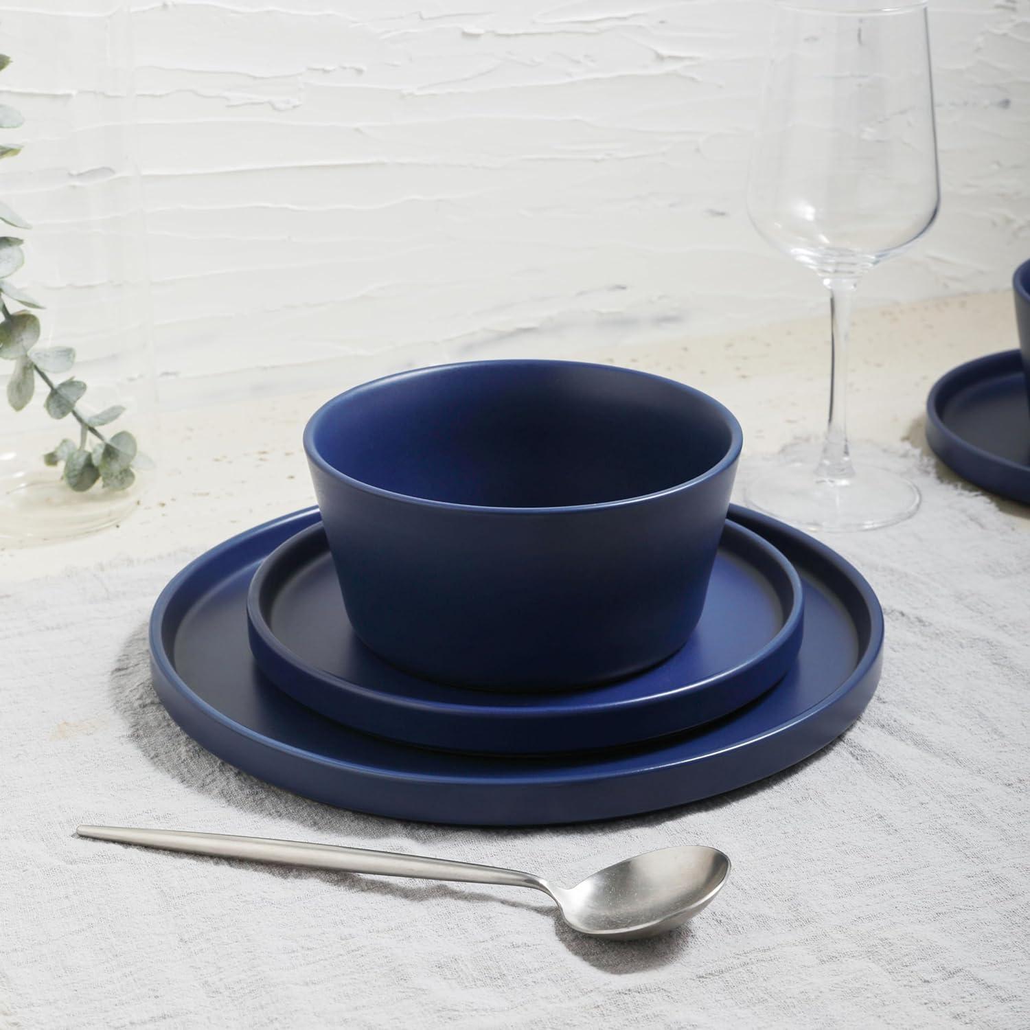 Blue Ceramic 16-Piece Solid Dinnerware Set for 8