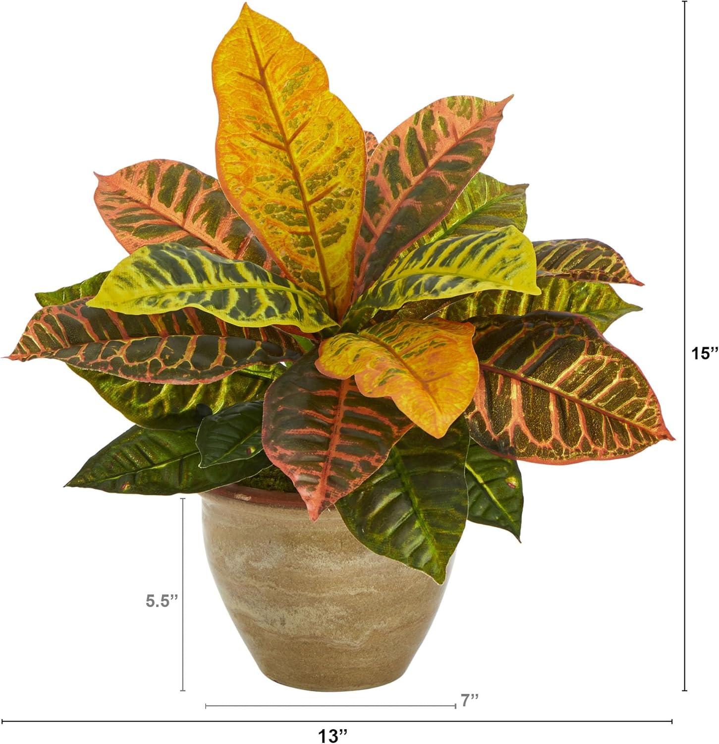 Nearly Natural 15-in Garden Croton Artificial Plant in Ceramic Planter (Real Touch)