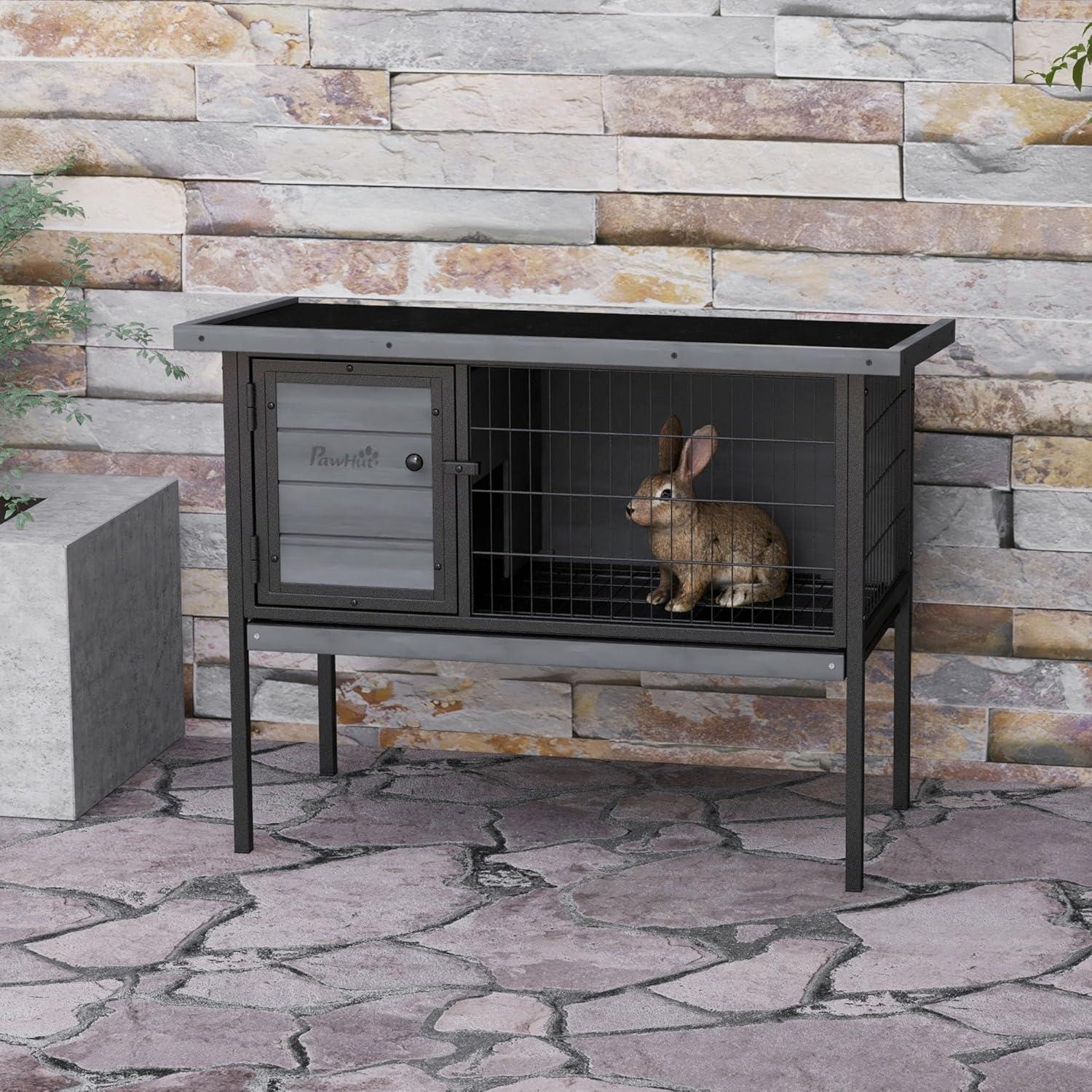 PawHut Rabbit Hutch Elevated Bunny Cage Small Animal Habitat with Metal Frame, Wire Pan, and Asphalt Roof for Indoor/Outdoor Natural Wood