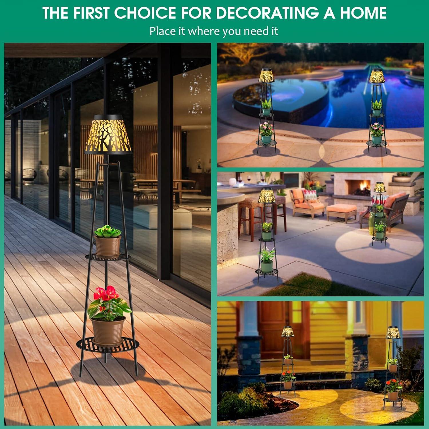 2 Pack 45.5'' Outdoor Floor Lamps with 2 Tier Plant Stand, Solar Powered Metal Waterproof Lights for Patio Deck Yard Garden Porch Decor