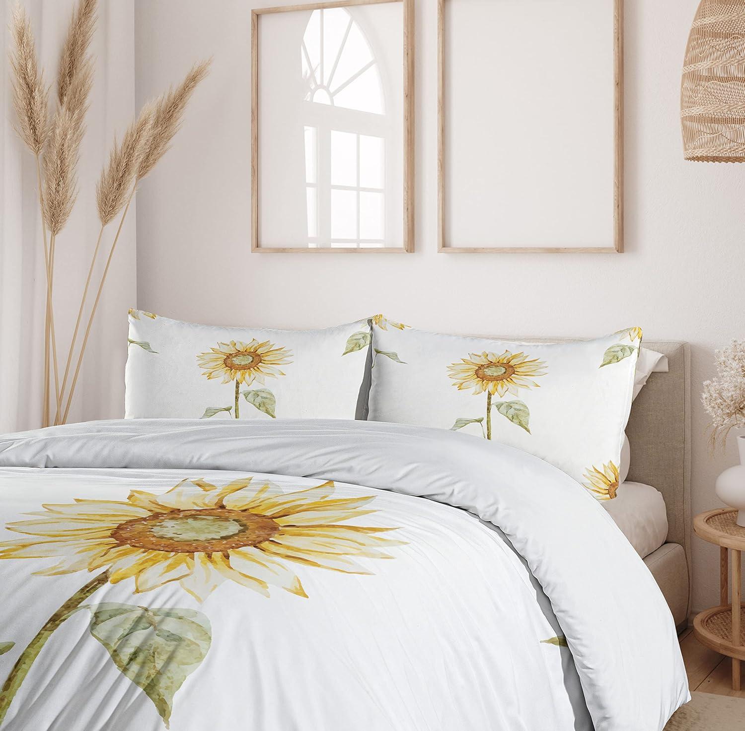 King Size Sunflower Watercolor Duvet Cover Set with Pillow Shams