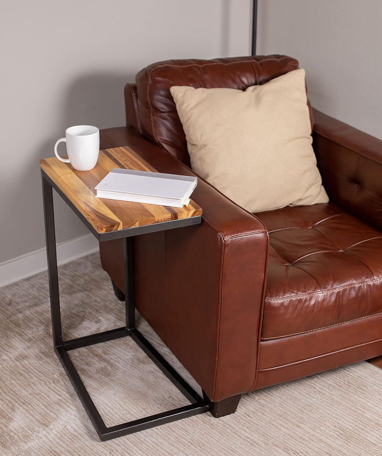 Acacia Wood and Metal C-Shaped Industrial Side Table