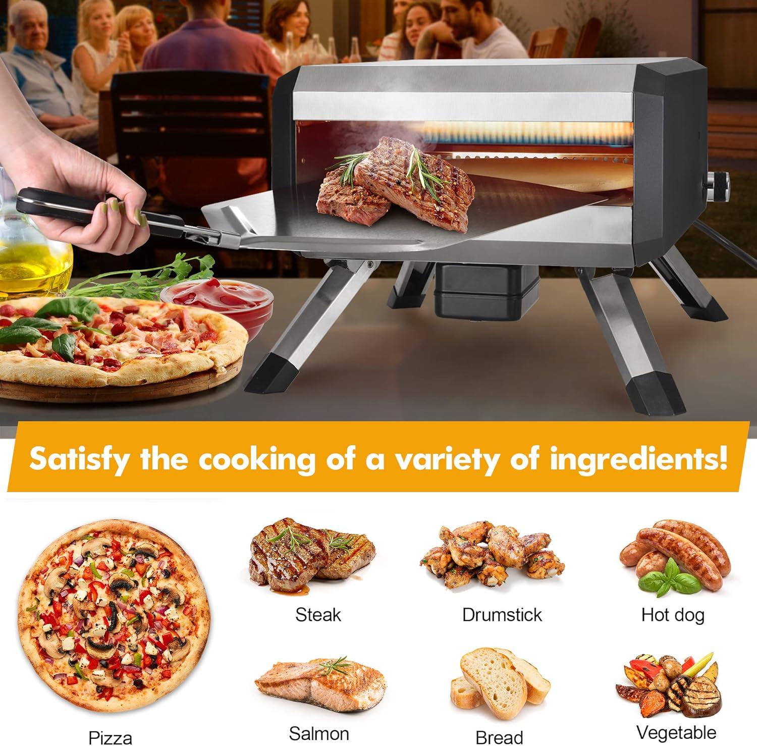 Portable Rotating Gas Pizza Oven for Outdoor, Stainless Steel Pizza Oven with 14" Pizza Stone, Gas Powered Pizza Oven with Foldable Legs