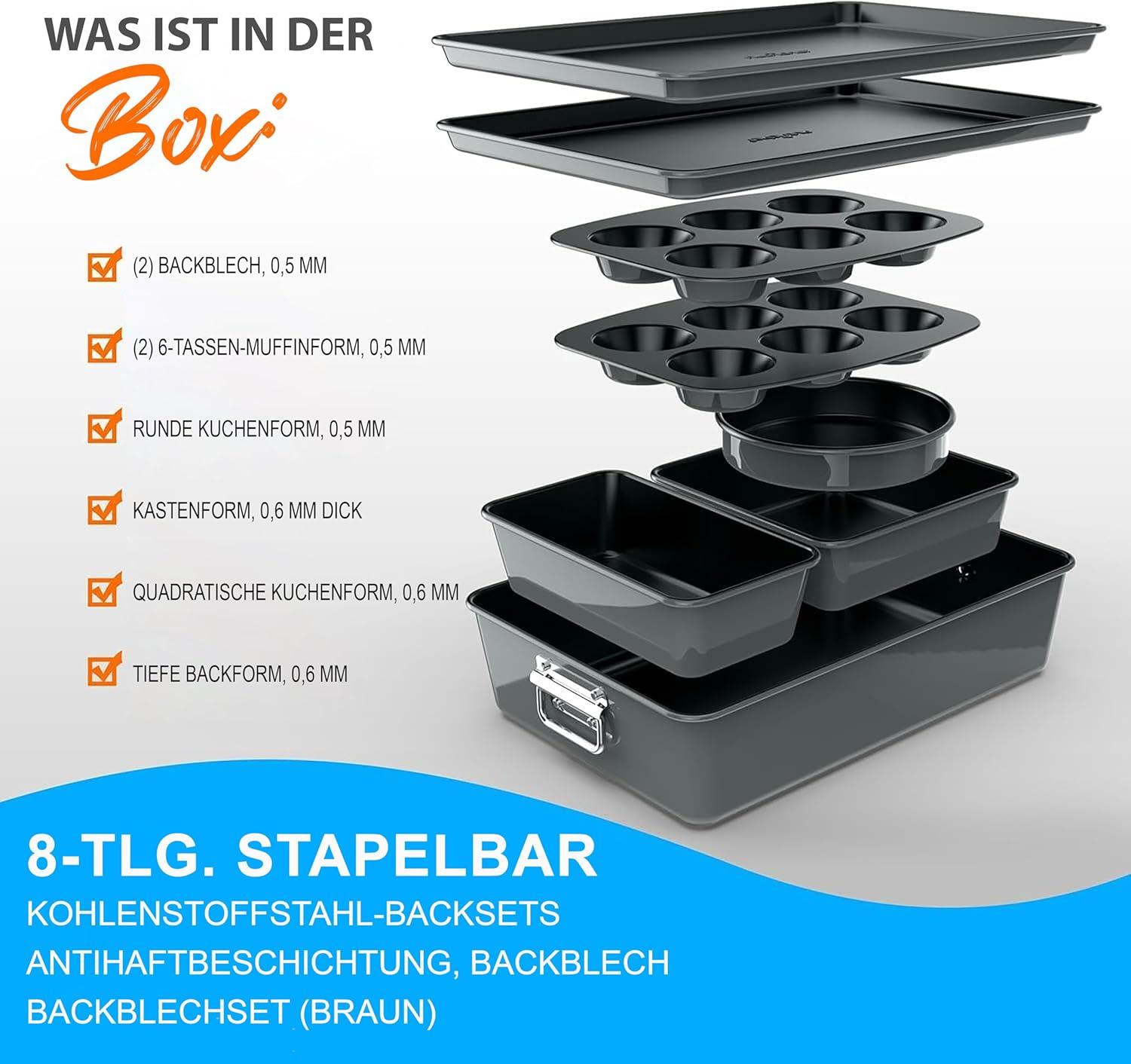 NutriChef 8-Piece Nonstick Stackable Bakeware Set - Pfoa, Pfos, Ptfe Free Baking Tray Set W/ Non-Stick Coating, 450°F Oven Safe, Round Cake, Loaf, Muffin, Wide/Square Pans, Cookie Sheet