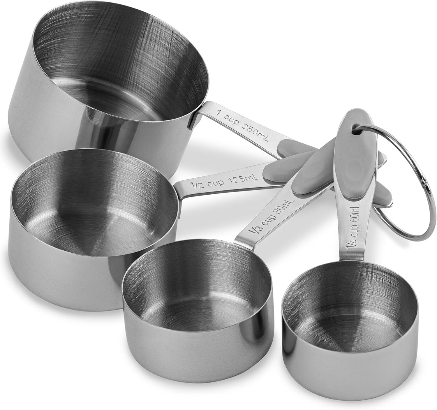 Huarll Holiday Clearance Measuring Tools, 4 Piece Stainless Measuring Cup Set With Storage Ring Silver, 4-Piece Measuring Cup and Spoon Set Silver