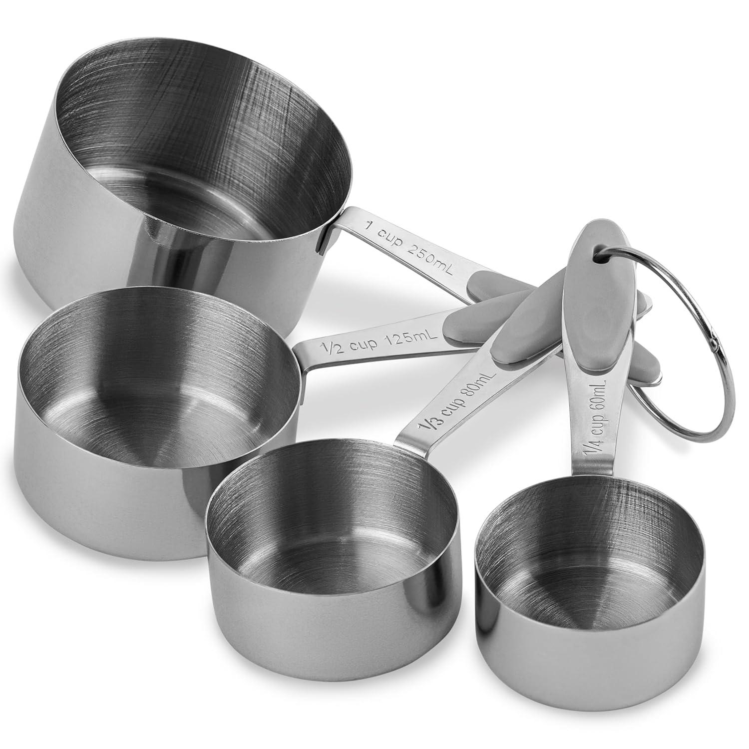 Huarll Holiday Clearance Measuring Tools, 4 Piece Stainless Measuring Cup Set With Storage Ring Silver, 4-Piece Measuring Cup and Spoon Set Silver