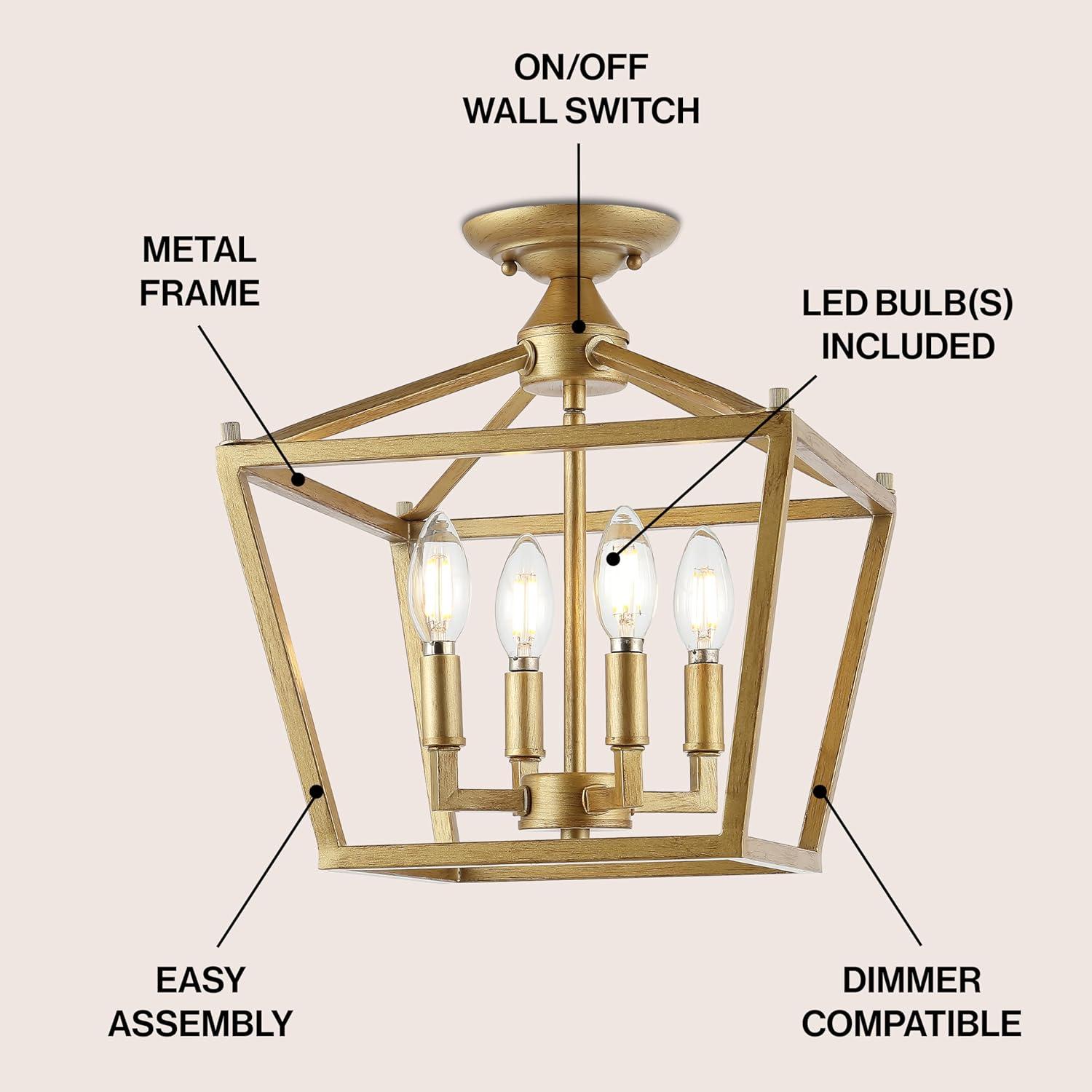 Plains Mini Lantern 12 in. 4-Light Brass Gold Iron Modern Farmhouse LED Flush Mount,