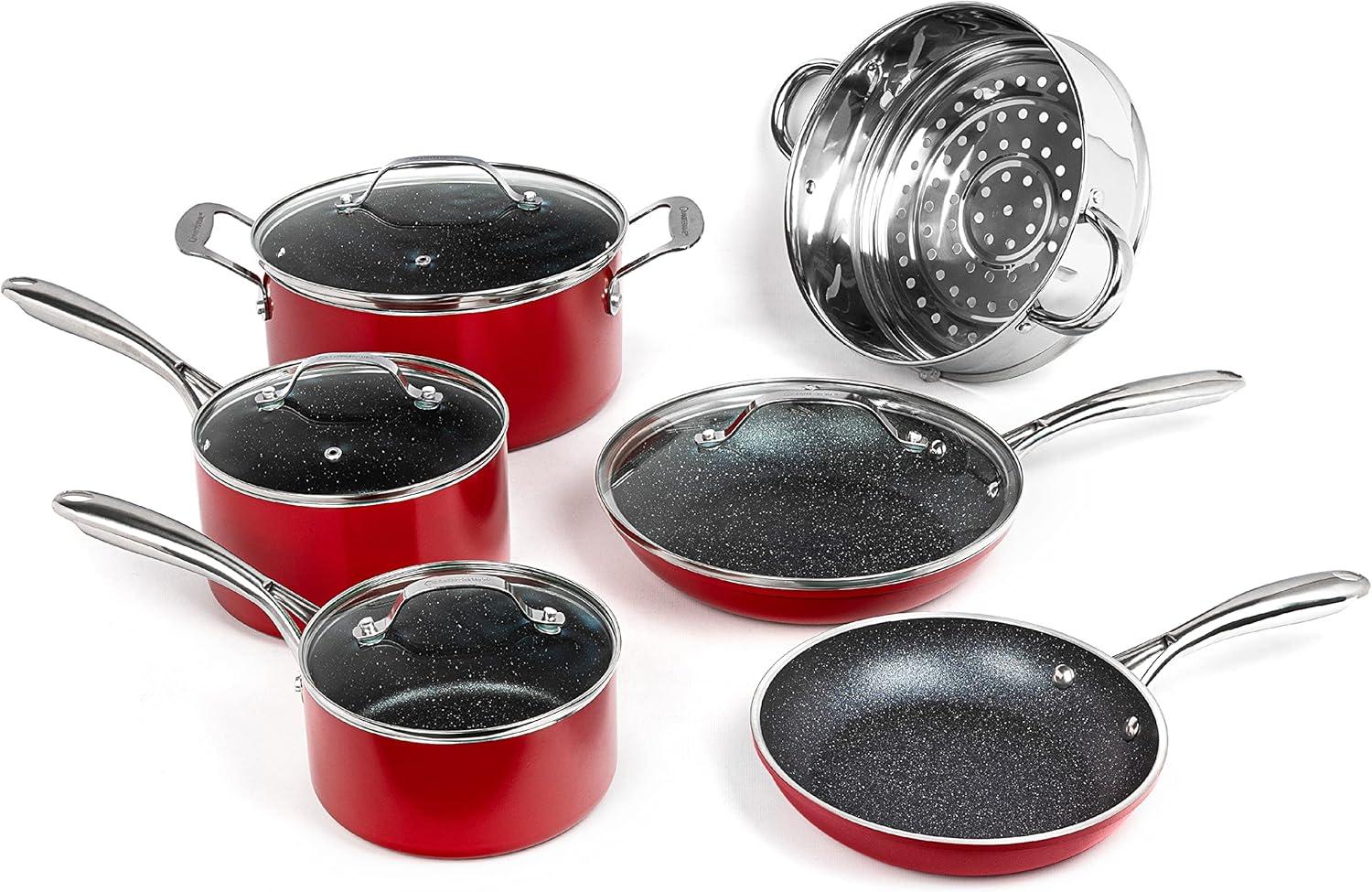 10-Piece Red Nonstick Aluminum Cookware Set with Glass Lids