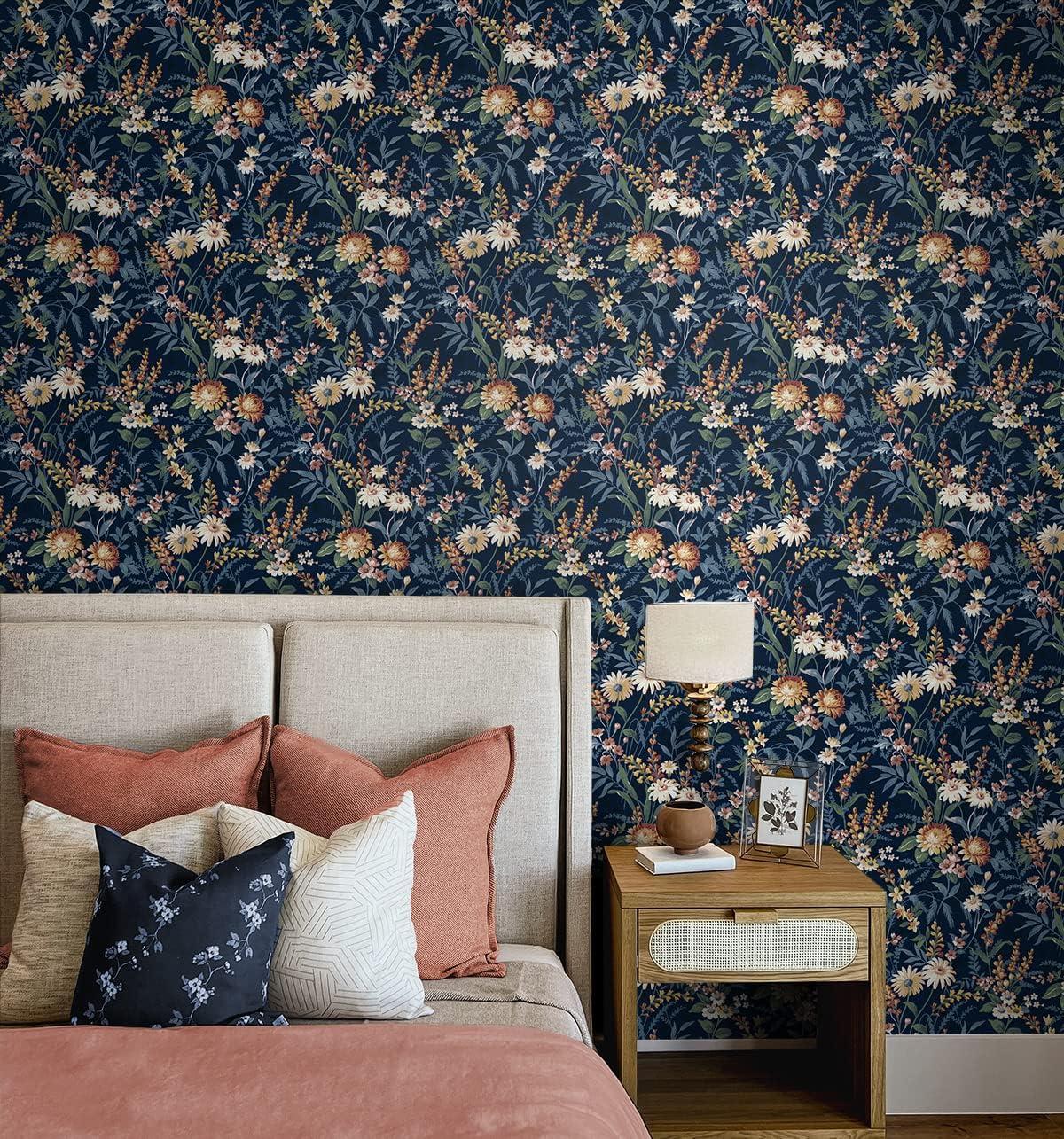 NextWall  Vintage Floral Peel and Stick Wallpaper 20.5 in. W x 18 ft. L - Navy Blue