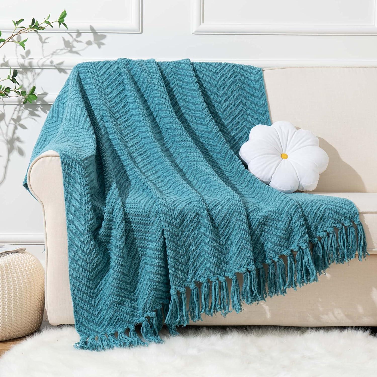 Teal Knitted Zig-Zag Throw Blanket with Tassels, 50"x60"