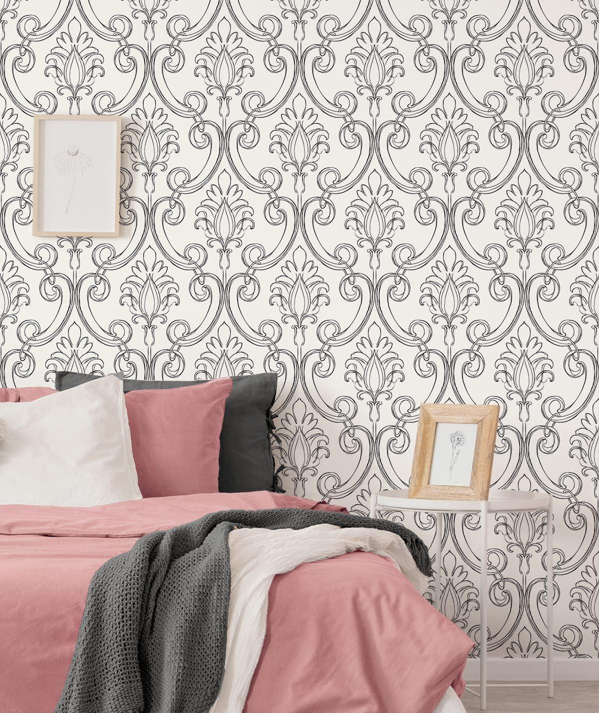 Ebony and White Damask Peel and Stick Wallpaper